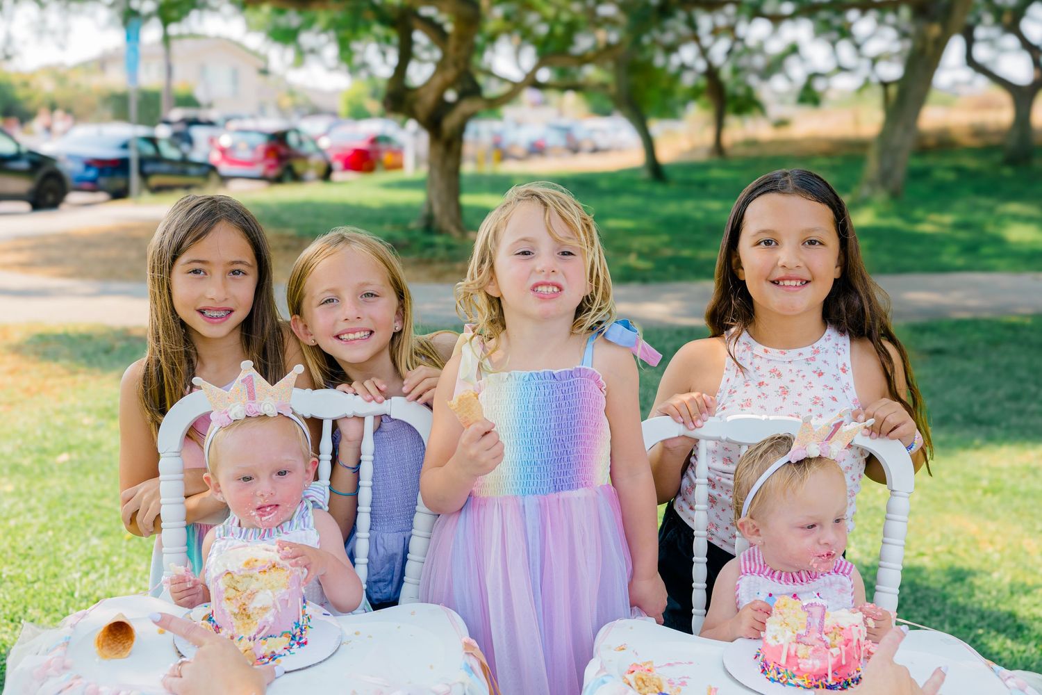 A collage of kids enjoying refreshing ice cream treats outdoors on a sunny summer day at a park gathering.