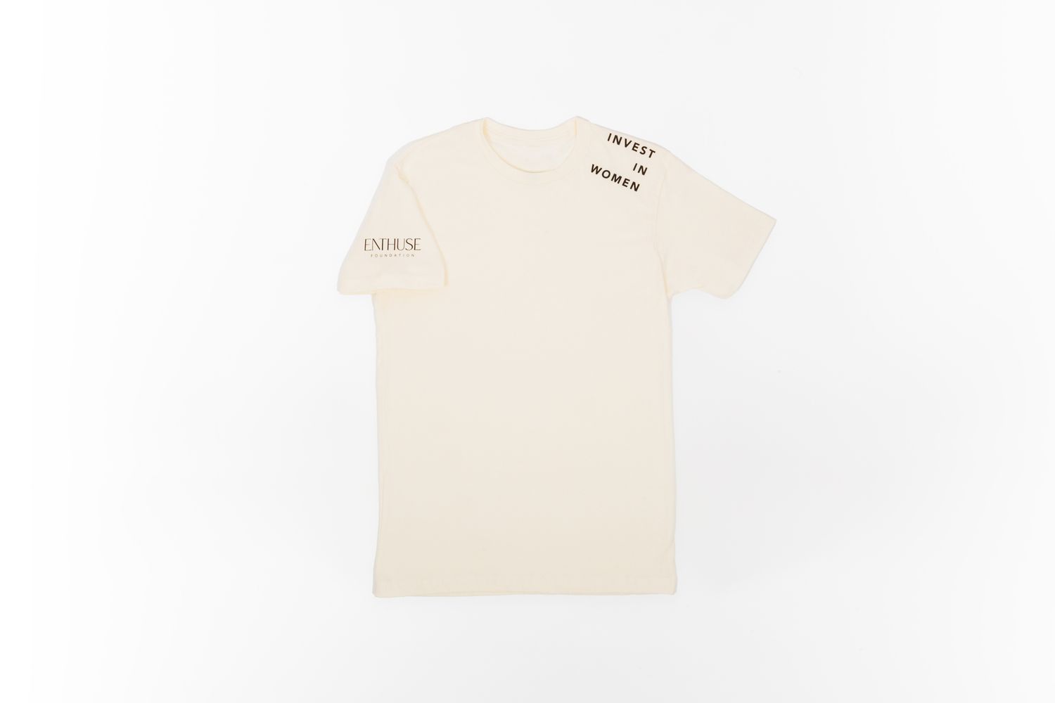 Off-white basic t-shirt photographed from above on white surface.