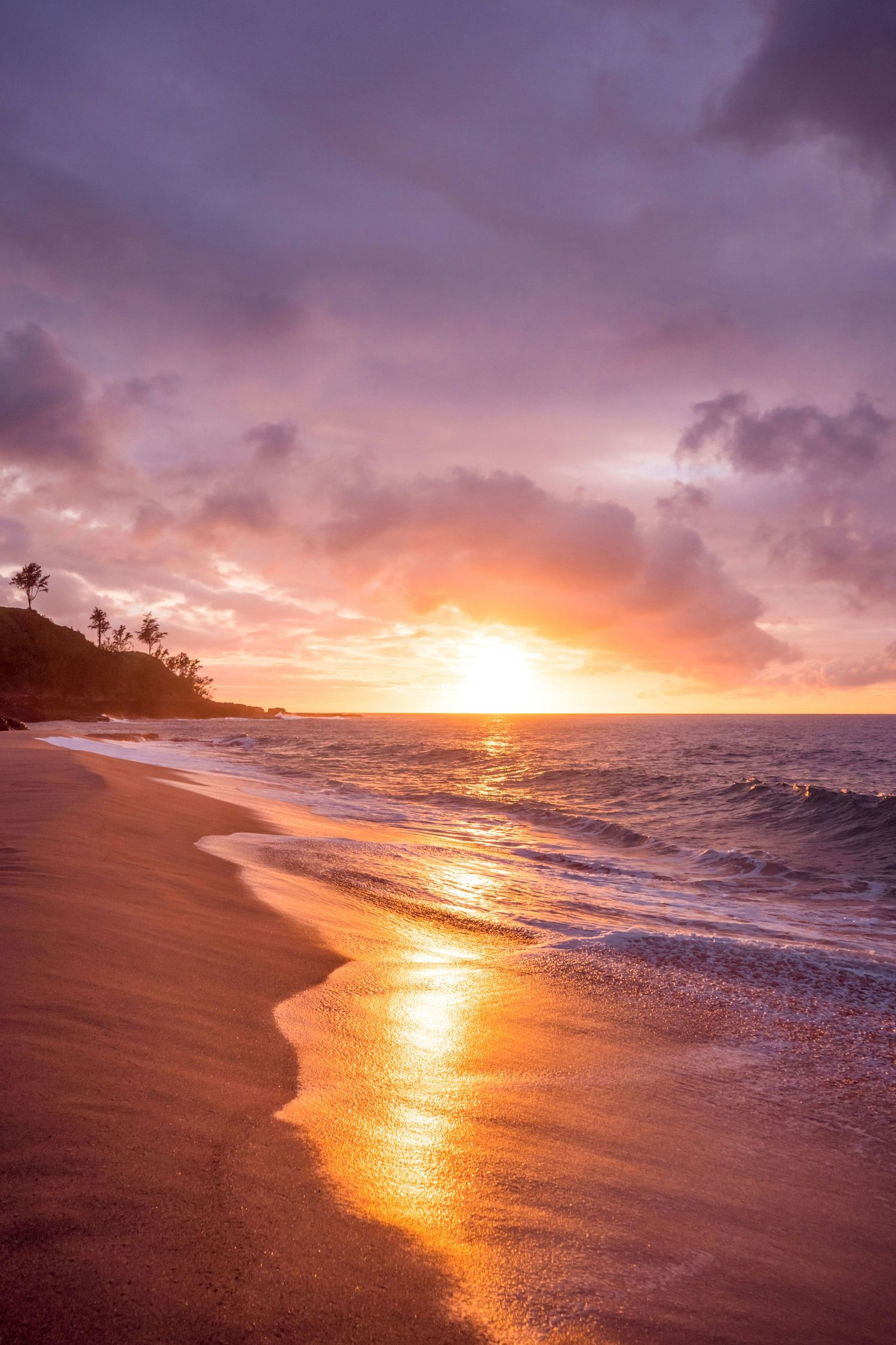 Dramatic purple and orange sunset over a tropical beach with gentle waves.
