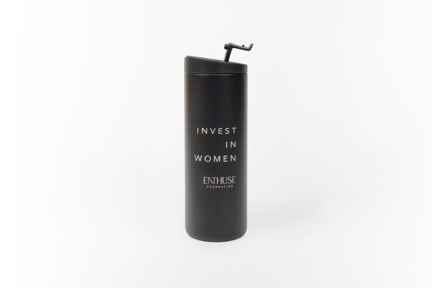 Black stainless steel water bottle with 'INVEST IN' text against white background.