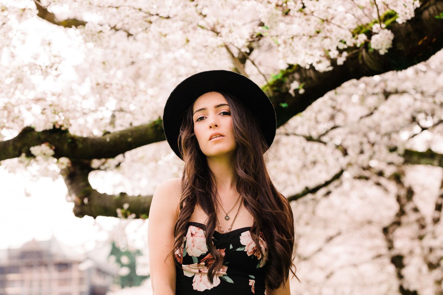 Artistic portrait session under blooming cherry blossom trees wearing a black hat.