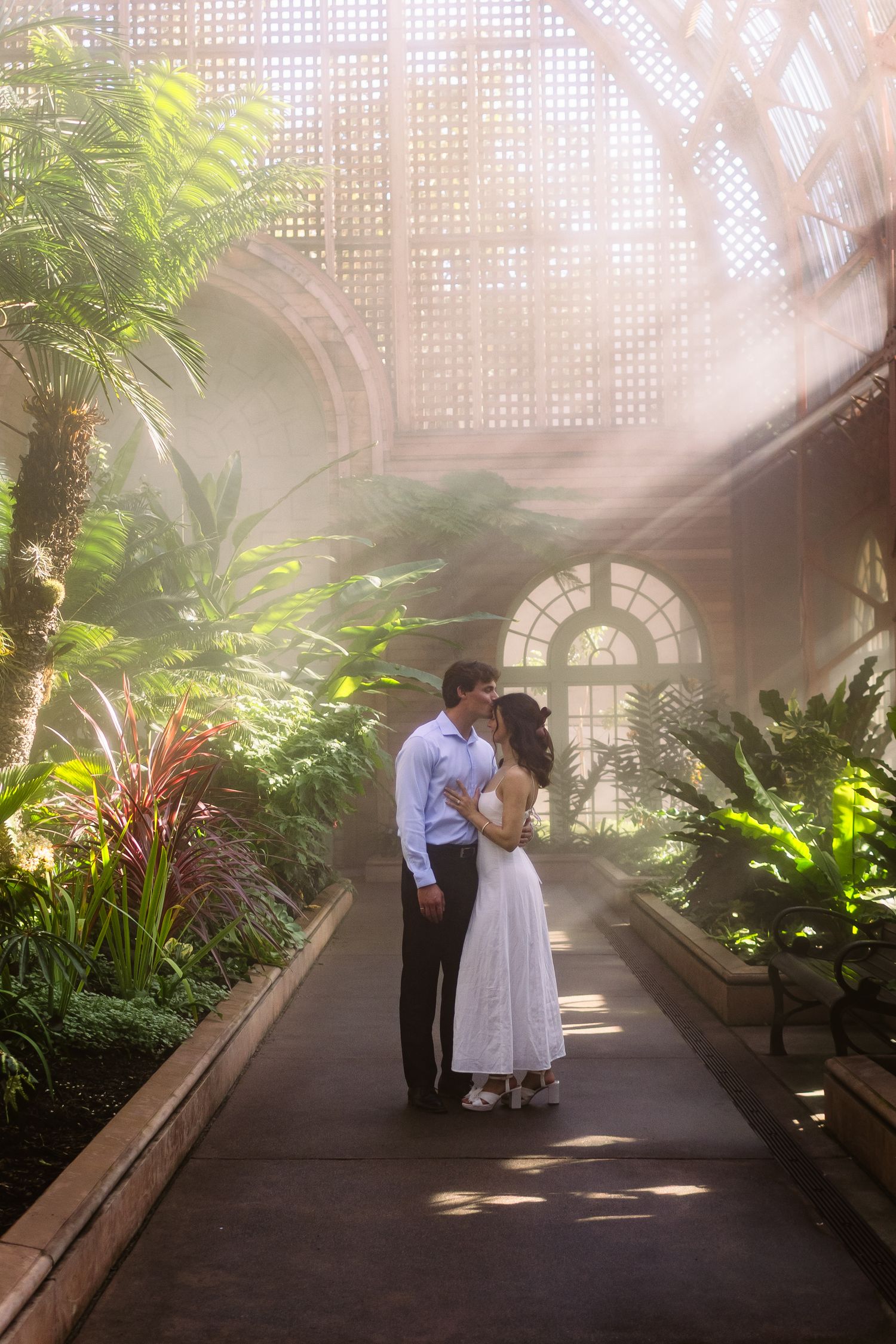Romantic couple sharing intimate moments in a misty greenhouse walkway surrounded by lush tropical plants and filtered sunlight.