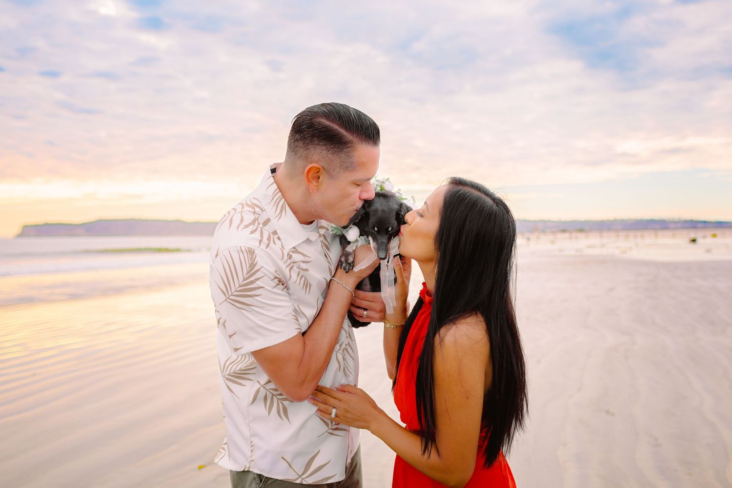 Romantic couple shares tender moments on a scenic beach at sunset in multiple candid photographs.