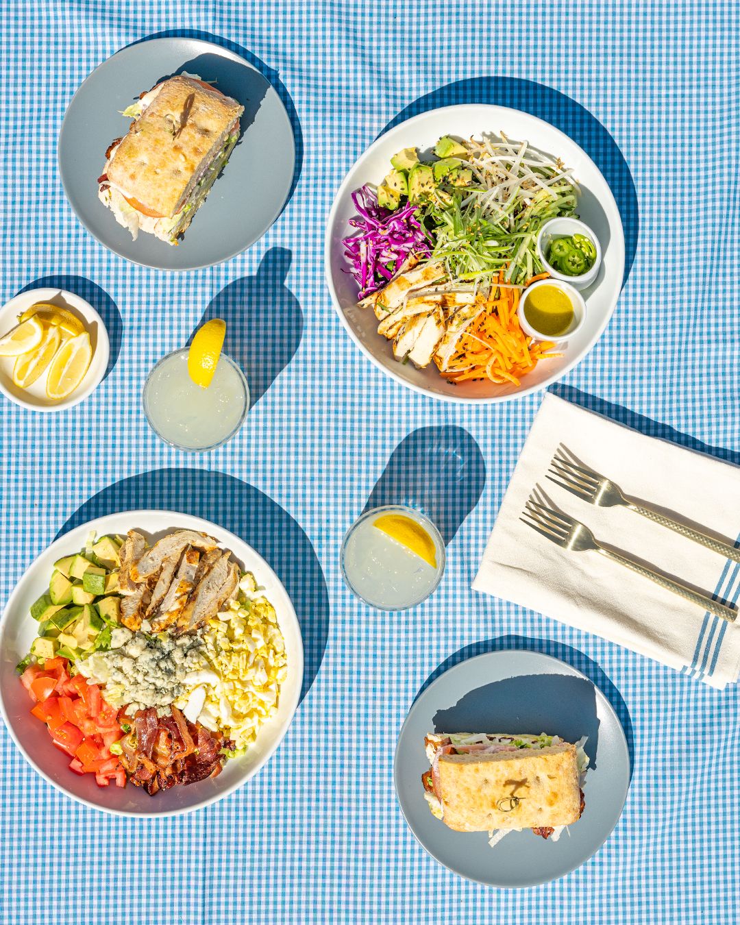Fresh salad bowls and sandwiches arranged on a blue checkered tablecloth in bright sunlight.