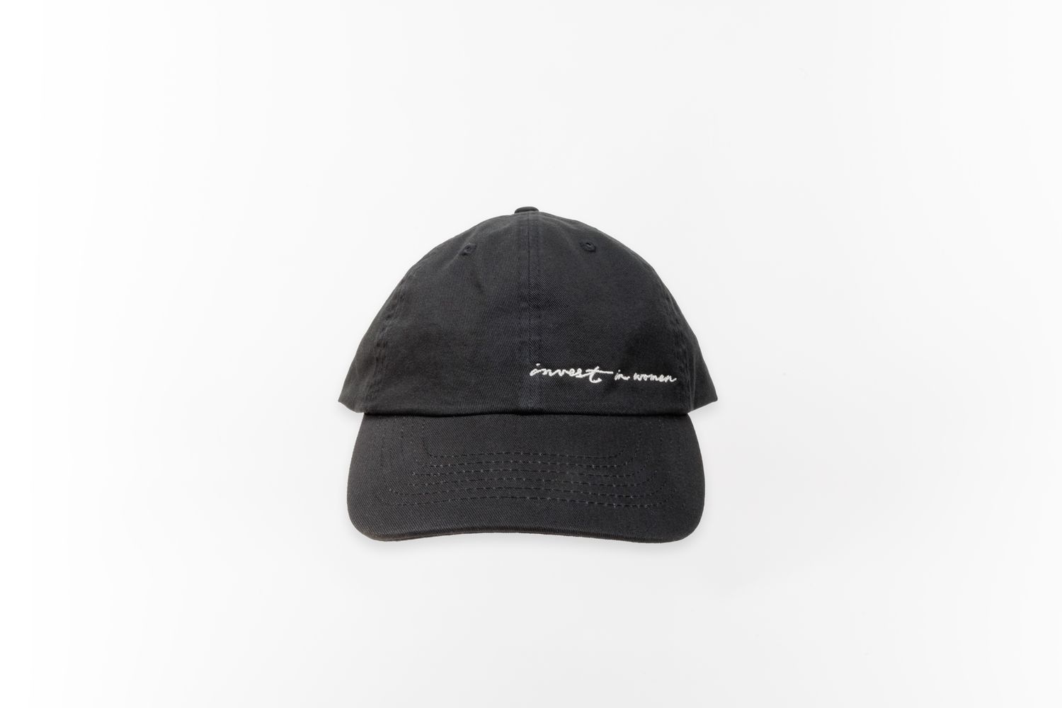 Black baseball cap with subtle embroidered text on the front.