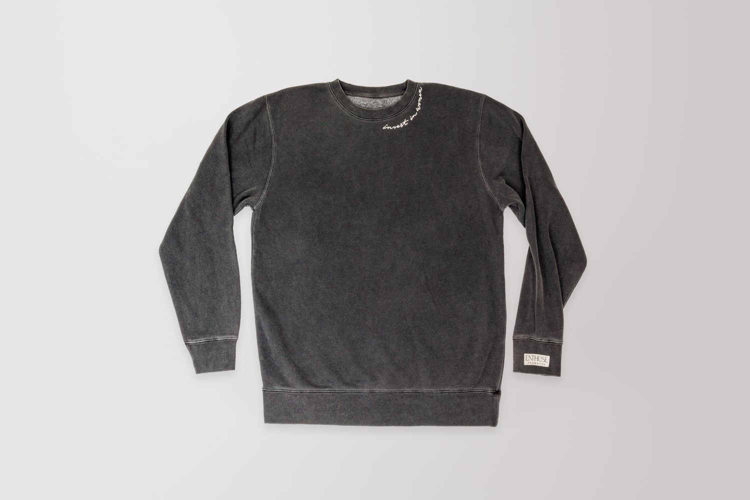 Charcoal grey crewneck sweatshirt laid flat on white background.