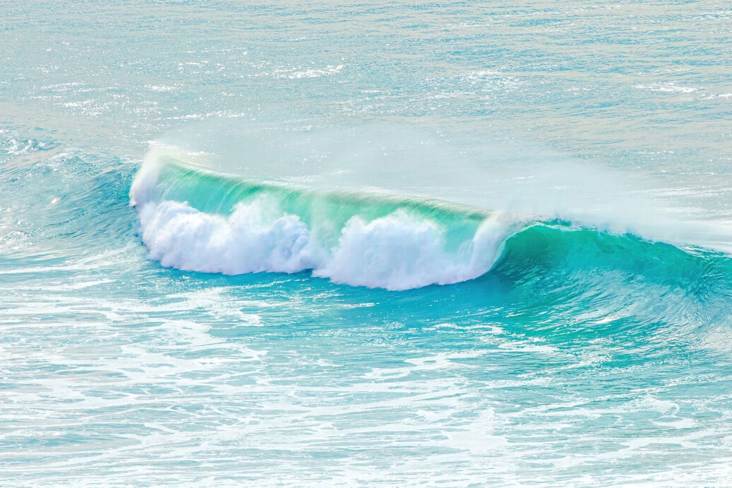 A turquoise ocean wave crests and curls with white foam against light blue waters.