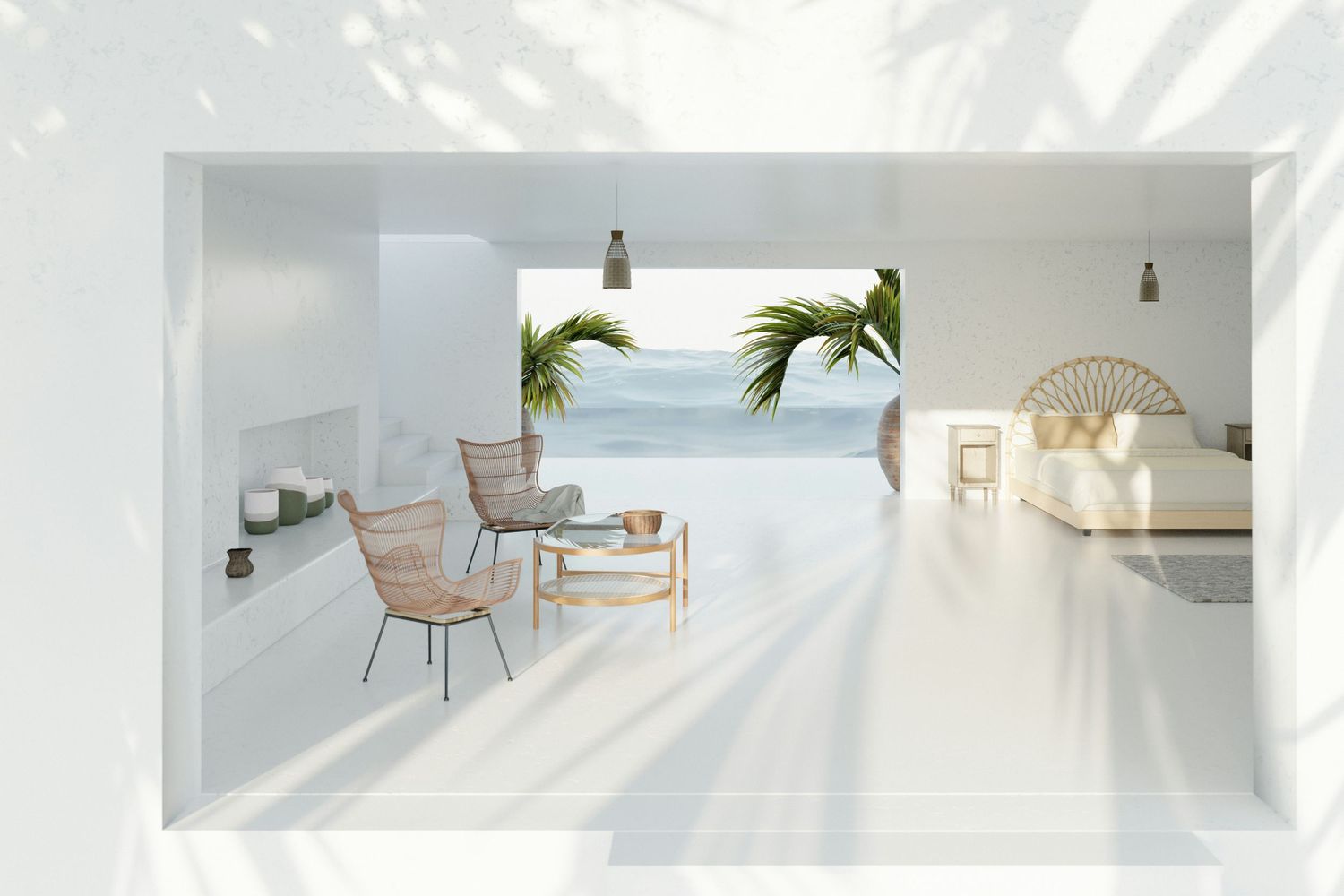 Minimalist white interior design featuring clean lines and natural light.