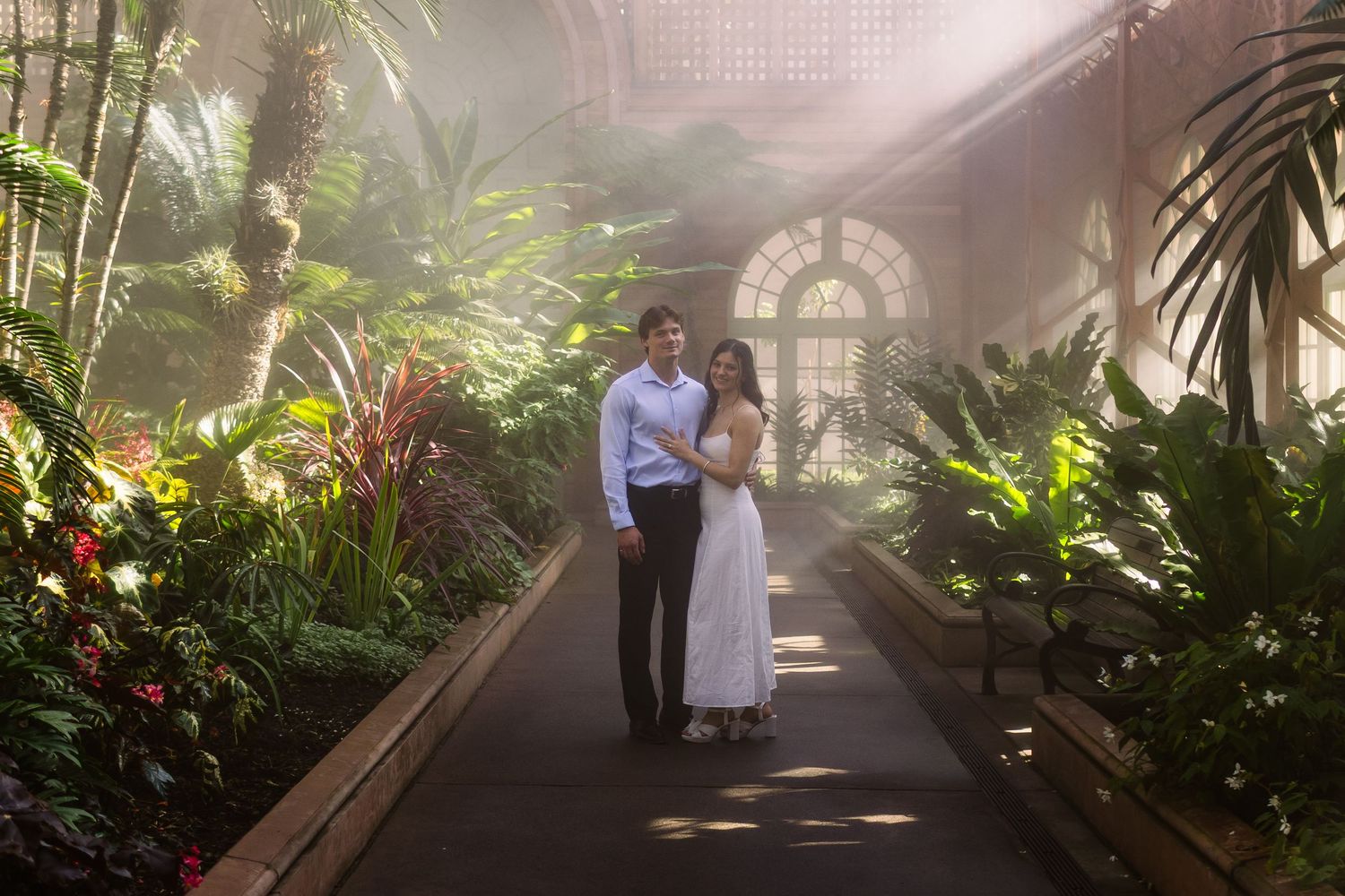 Lush tropical plants line a sunlit outdoor walkway with arched architecture and dappled shadows.