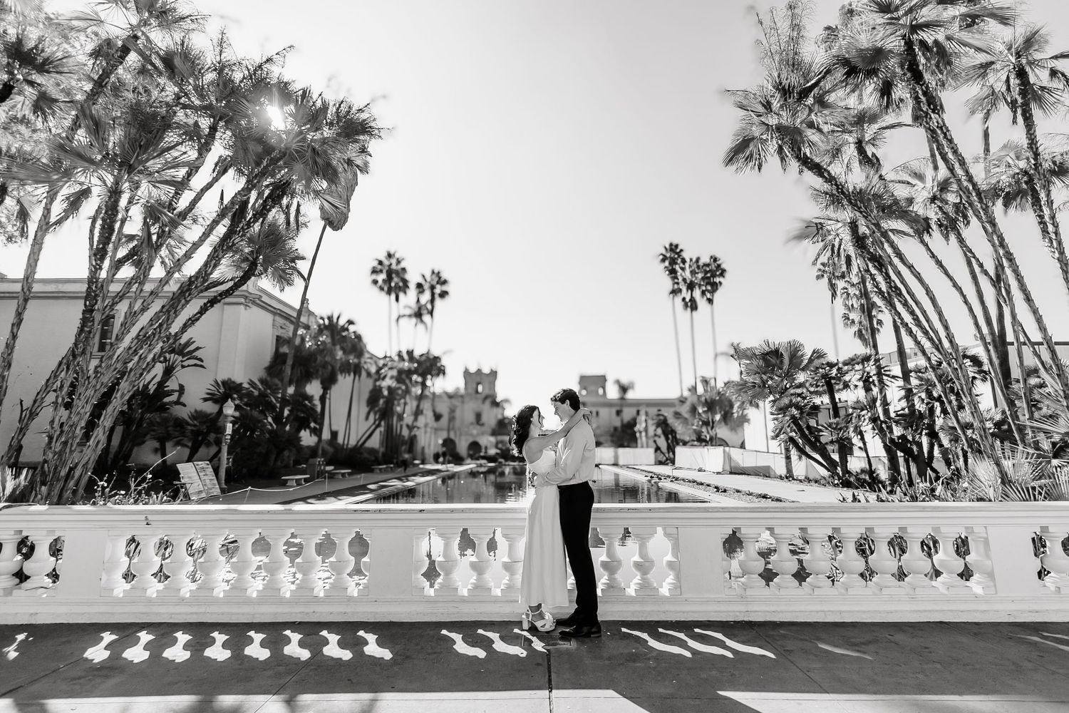 Black and white panoramic view of a Mediterranean-style balustrade with palm trees against a bright sky.