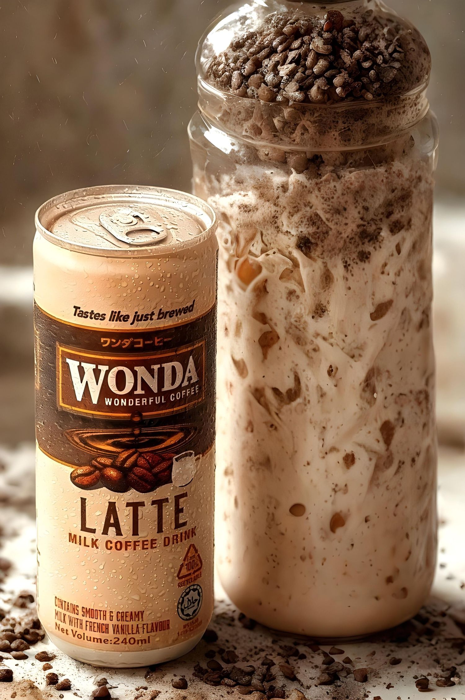 Glass of chocolate milkshake with Wonda coffee can beside it, topped with chocolate chips.