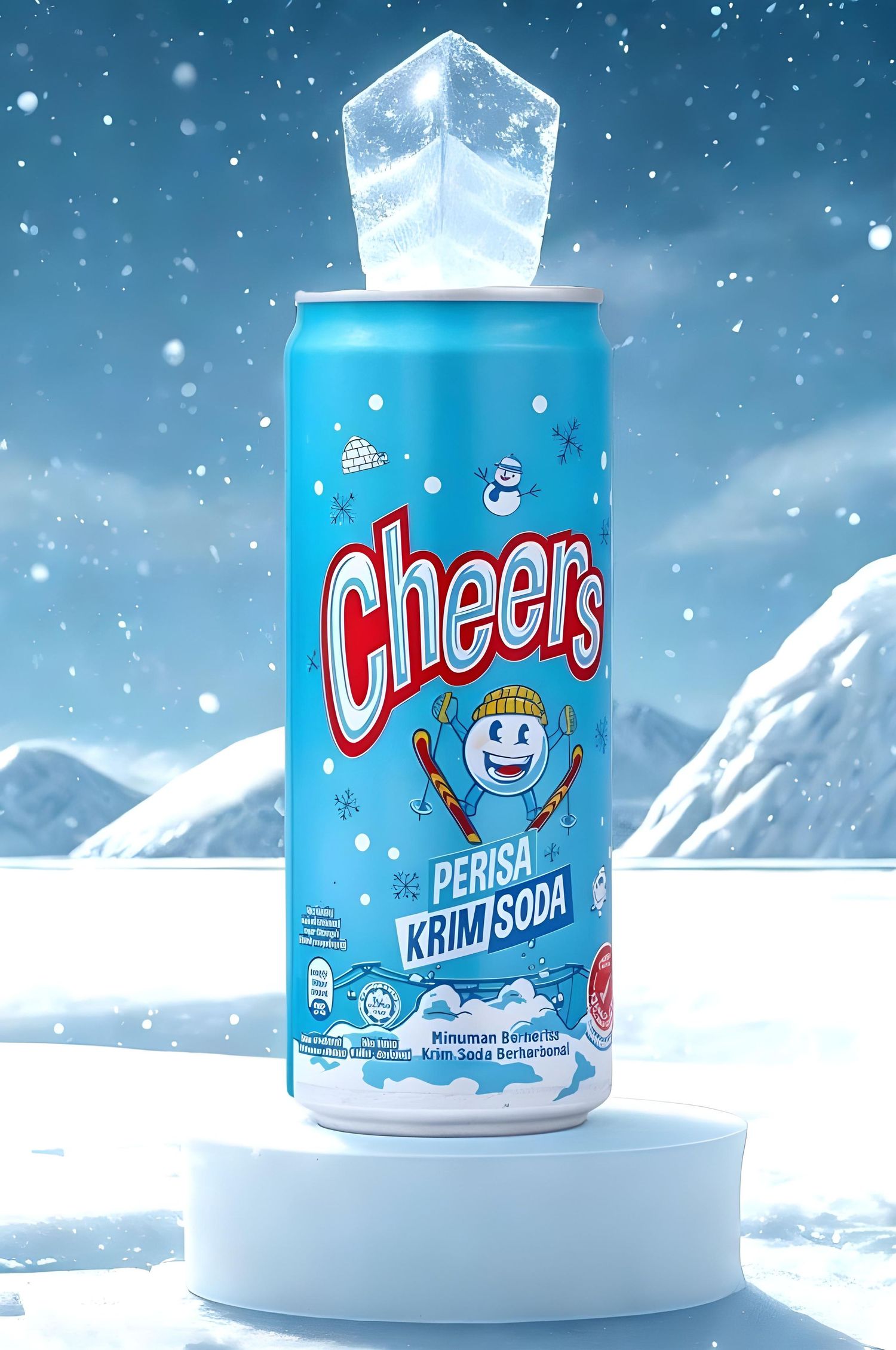 A can of Cheers soda with an ice crystal top against a snowy mountain background.