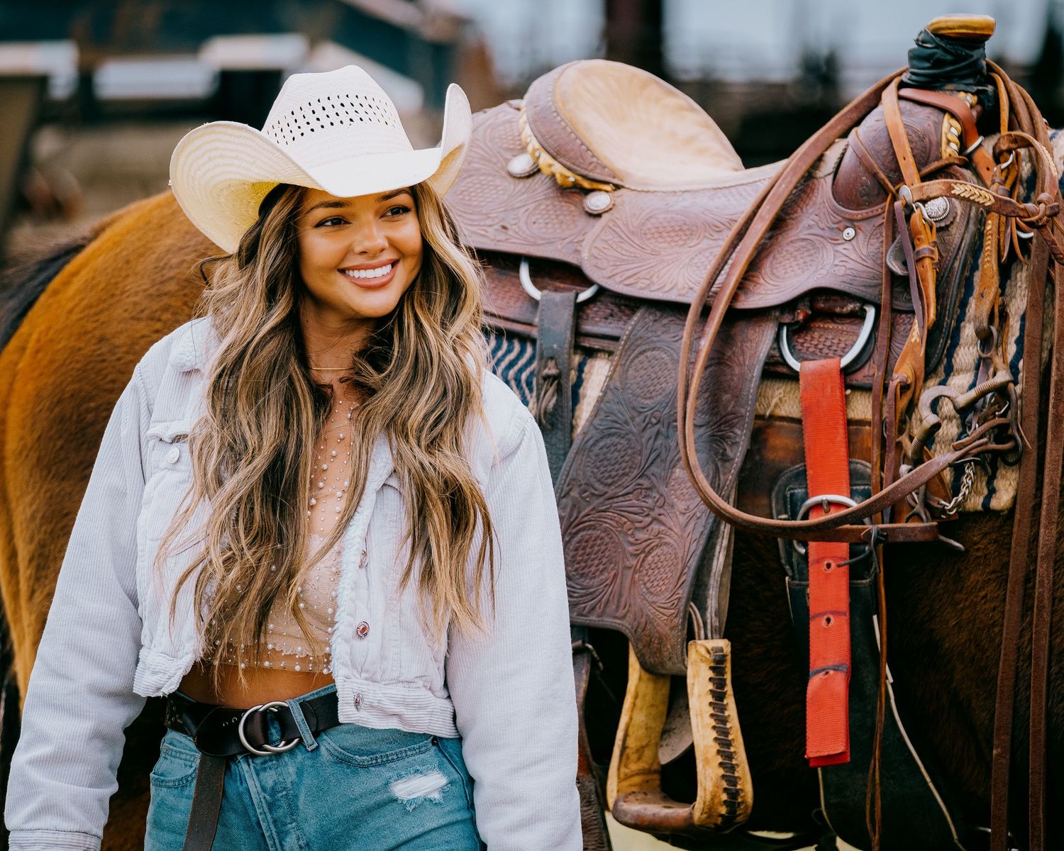 Western style scene with horse leather saddle and cowboy accessories in warm sunlight.