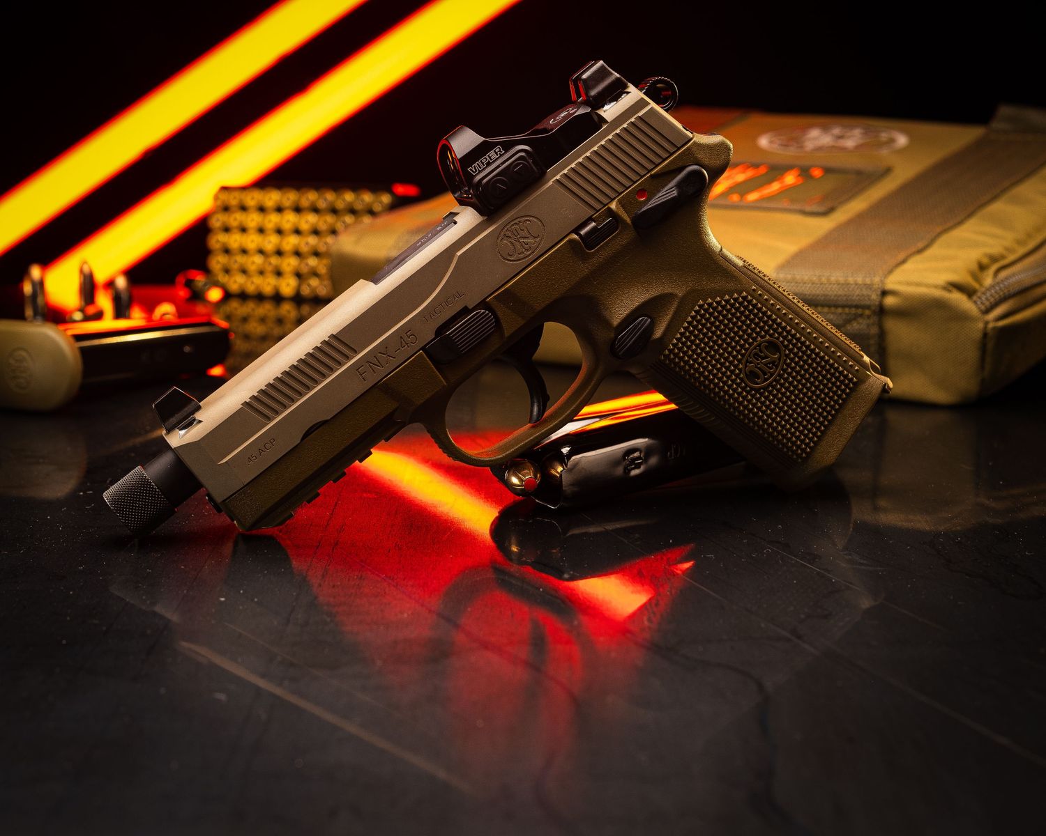 Semi-automatic handgun displayed on dark surface with dramatic lighting.