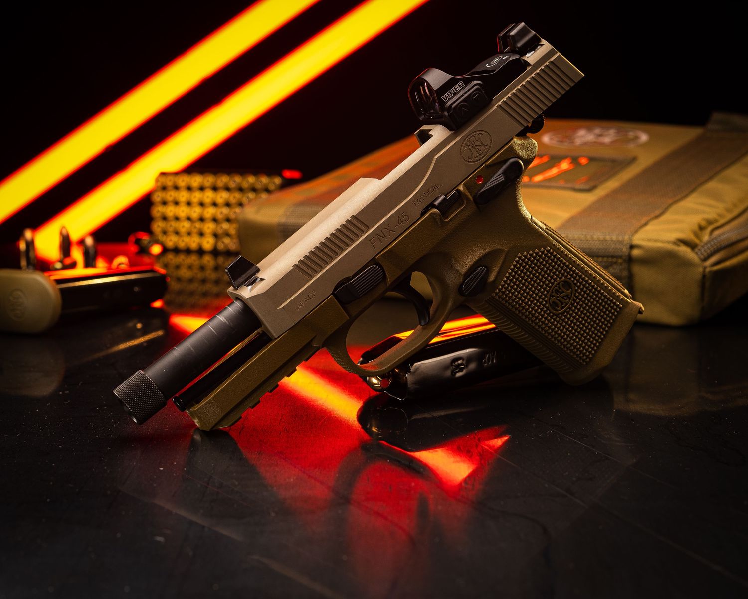 Handgun displayed on dark surface with dramatic orange lighting.