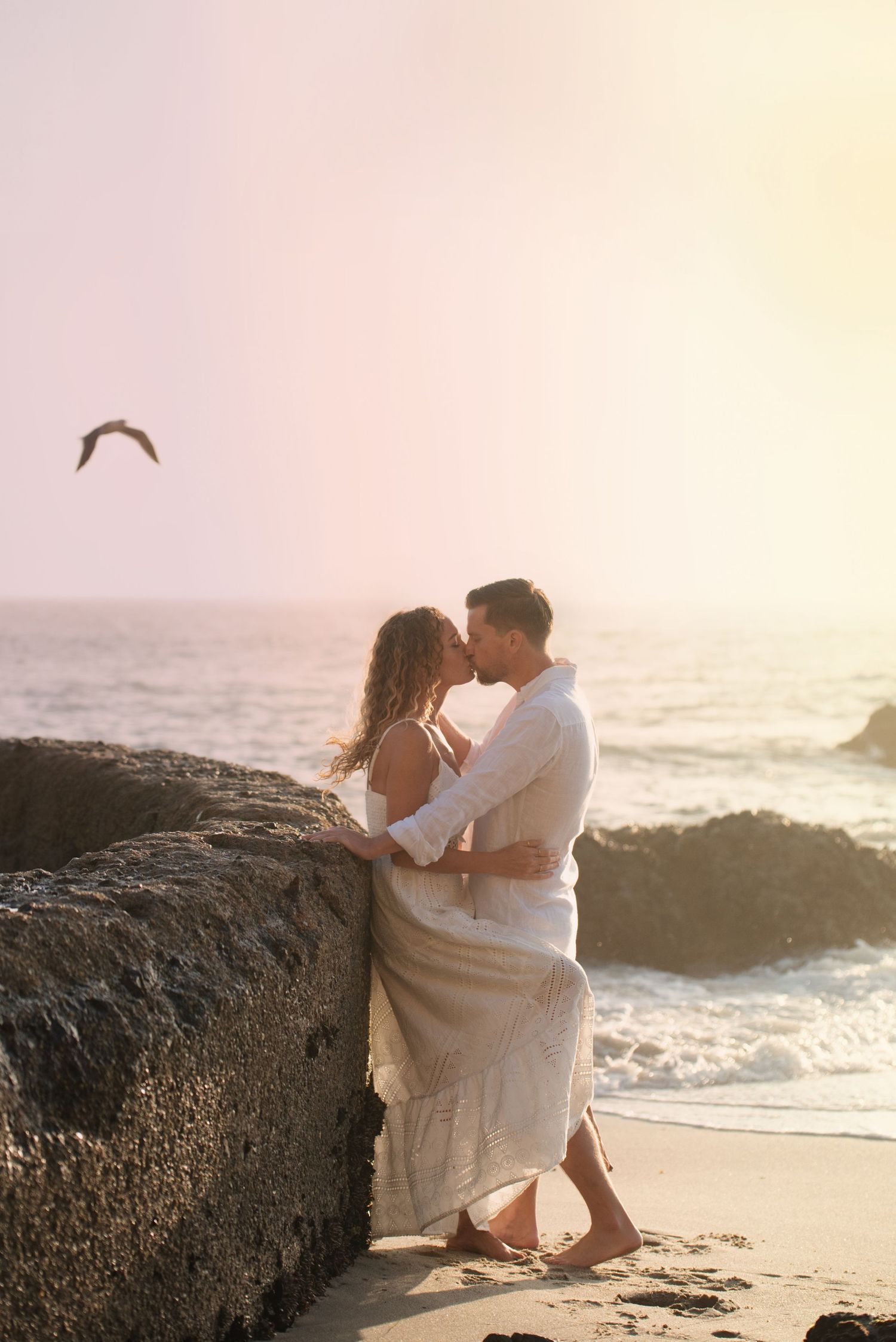 A romantic sunset moment on a beach with waves crashing against rocks as a seabird flies overhead in the golden light.