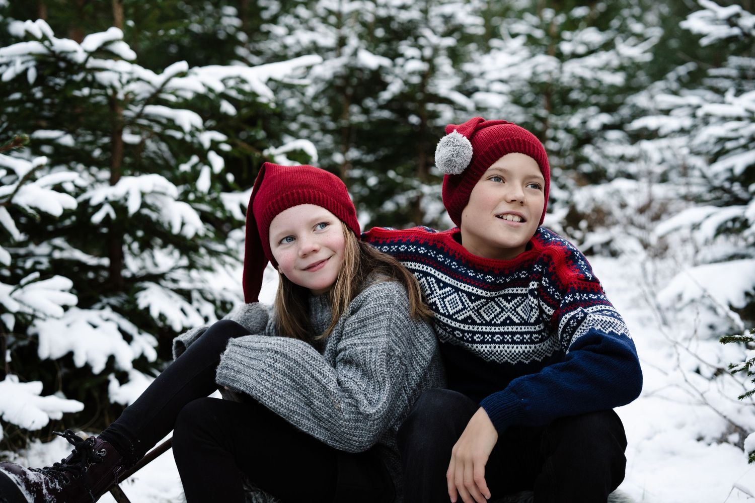 Julefotografering av søster og bror i vinterklær som smiler og poser sammen i en snødekt furuskog.