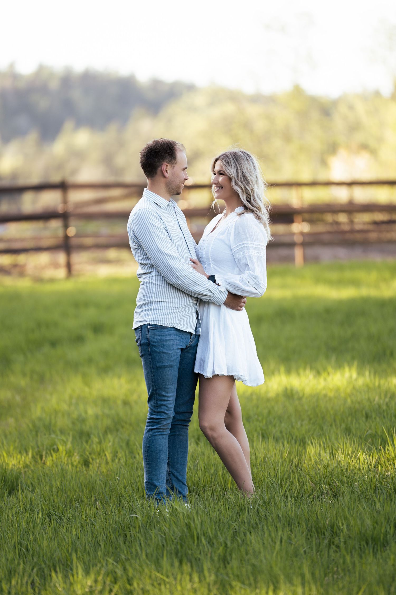 Parfotografering av et par som omfavner hverandre kjærlig på en solfylt eng med tregjerde i bakgrunnen under gyllent kveldslys.