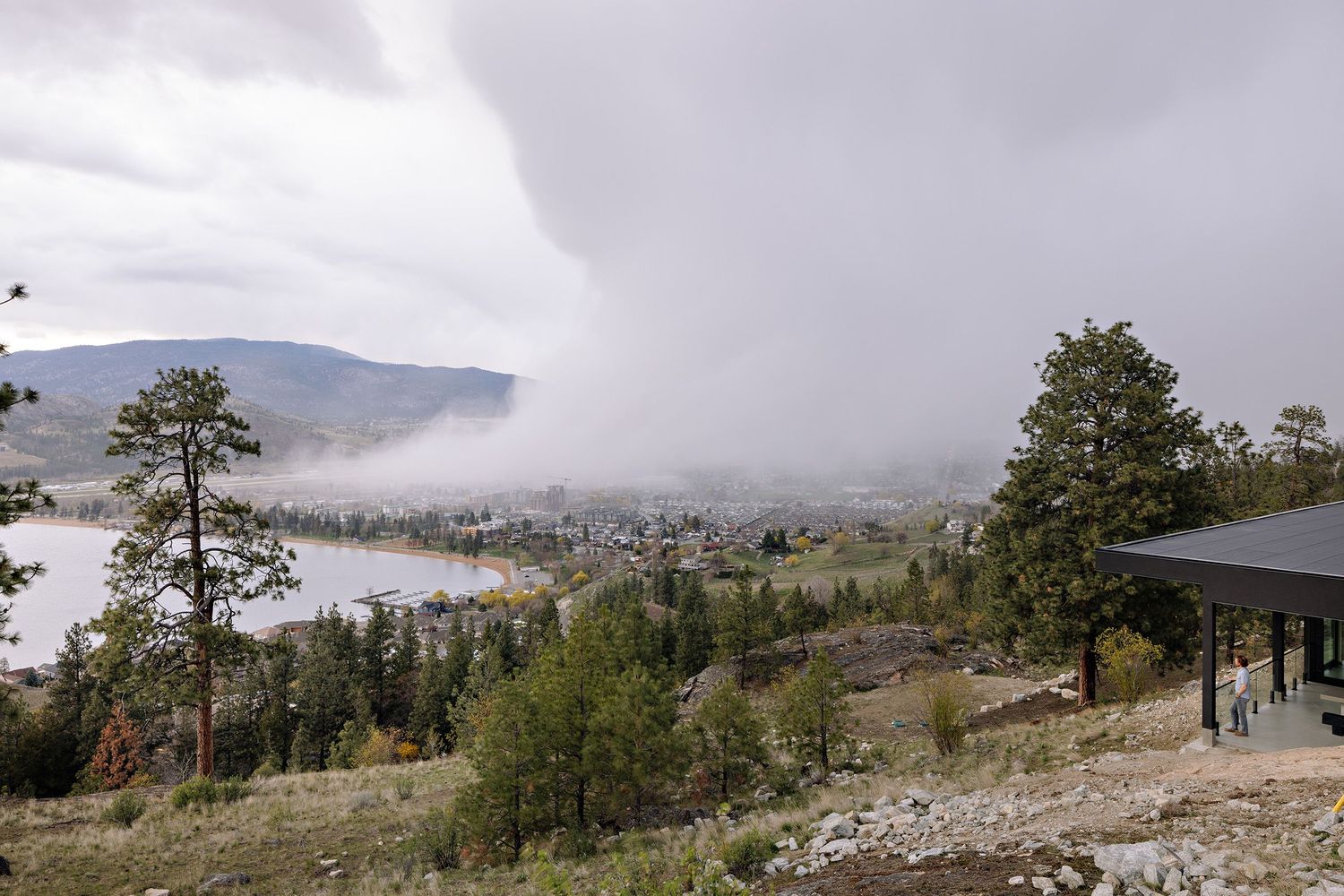 Misty mountain landscape view with pine trees and fog rolling over a valley settlement.