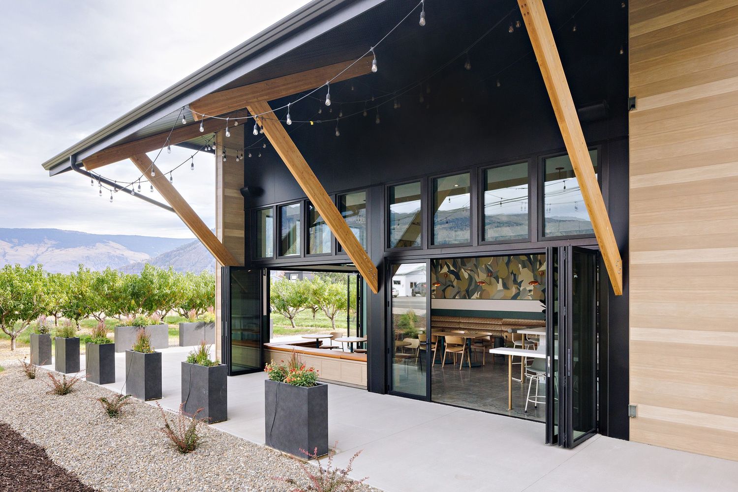 Modern architectural tasting room with black exterior panels and wooden beams features an open-air design overlooking wine country.