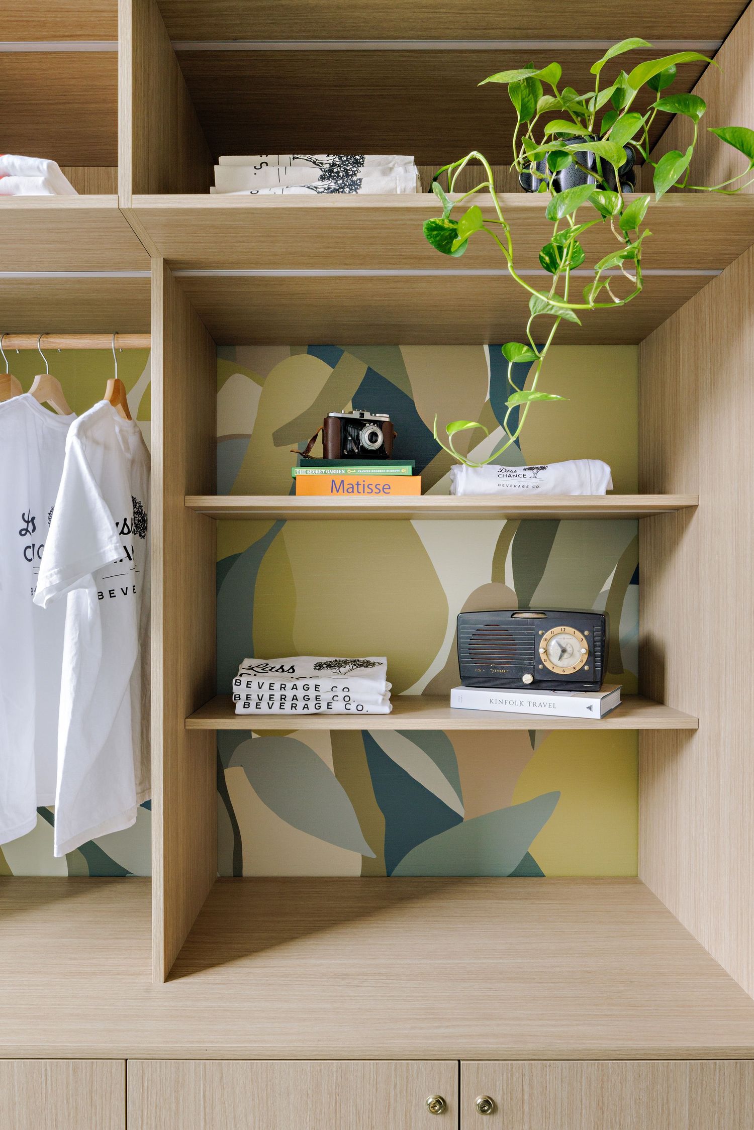 Modern wooden shelving unit with green plant, vintage camera, and white hanging clothes against abstract painted wall design.