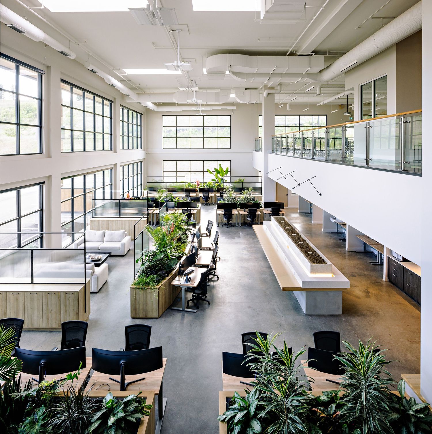 Modern two-story open office space with glass walls, workstations, and potted plants creating a bright collaborative environment.