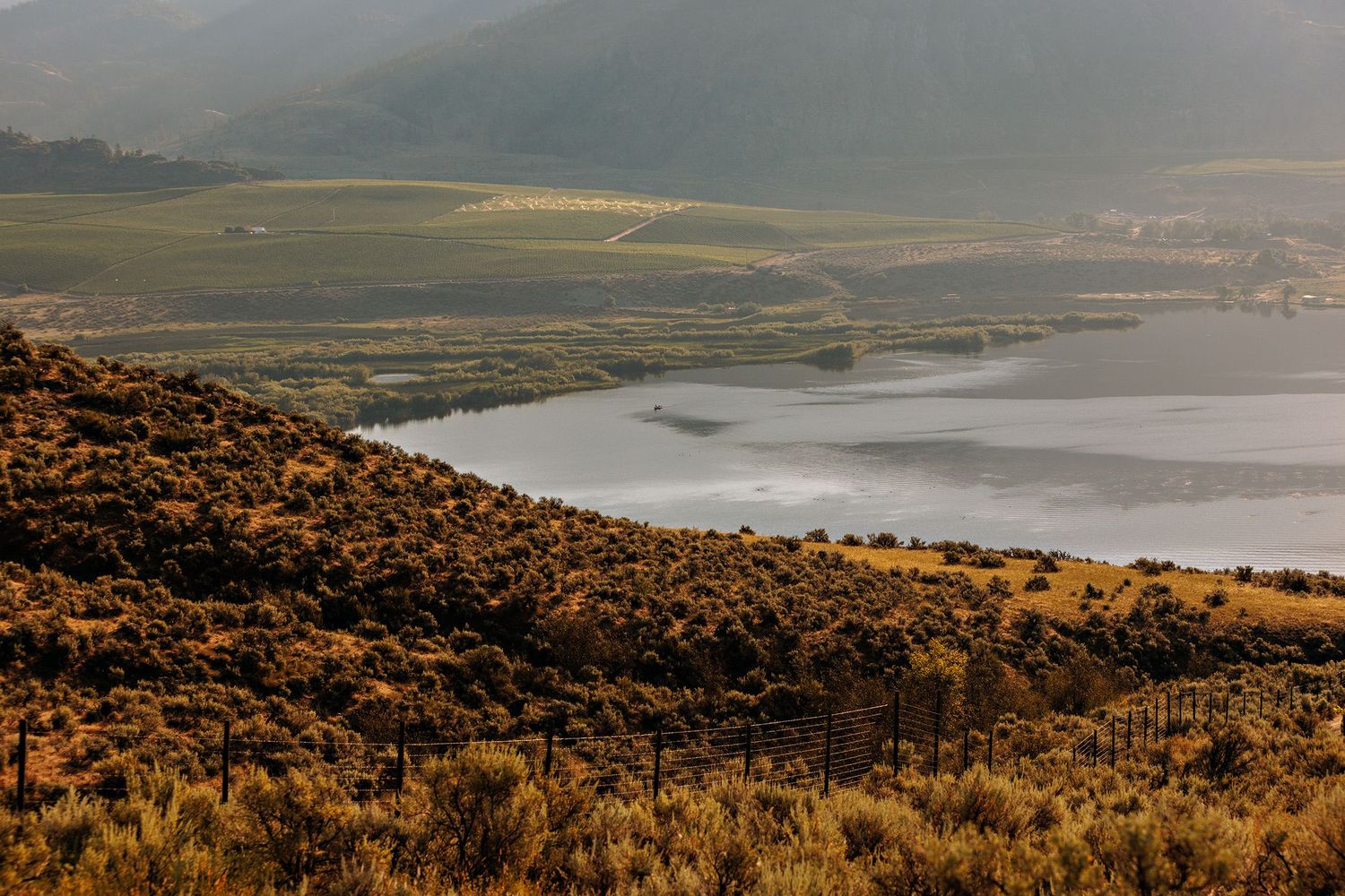 Scenic golden hillside overlooking a serene mountain lake at sunset with distant hills shrouded in mist.