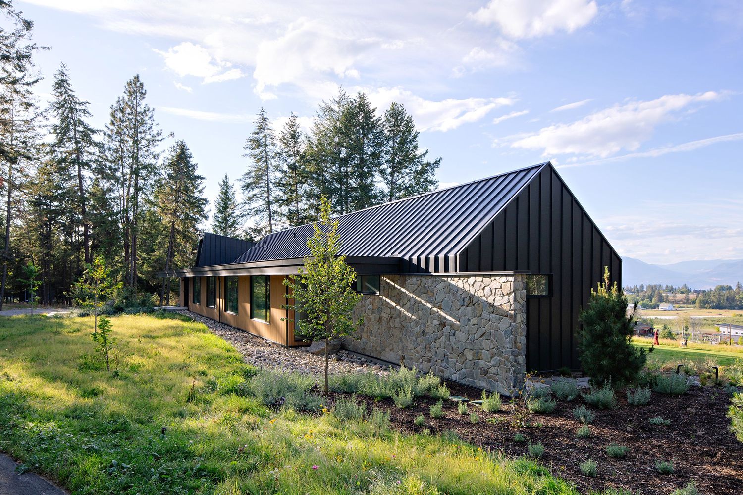 Modern black metal and stone house nestled on a hillside among evergreen trees with mountain views in the background.
