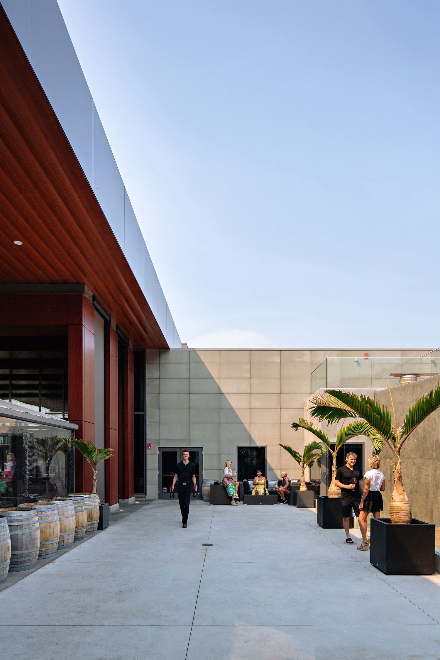 Modern winery exterior with wooden barrels and palm trees along a concrete pathway during daytime.