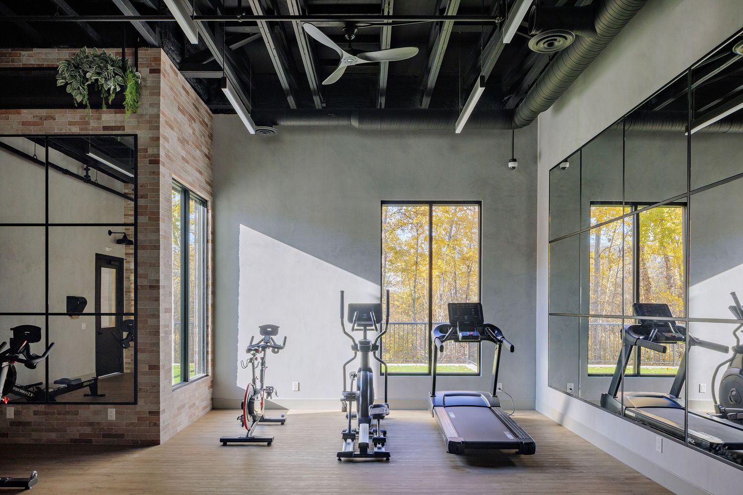 Modern fitness center with multiple exercise machines and large windows offering natural light in an industrial style space.