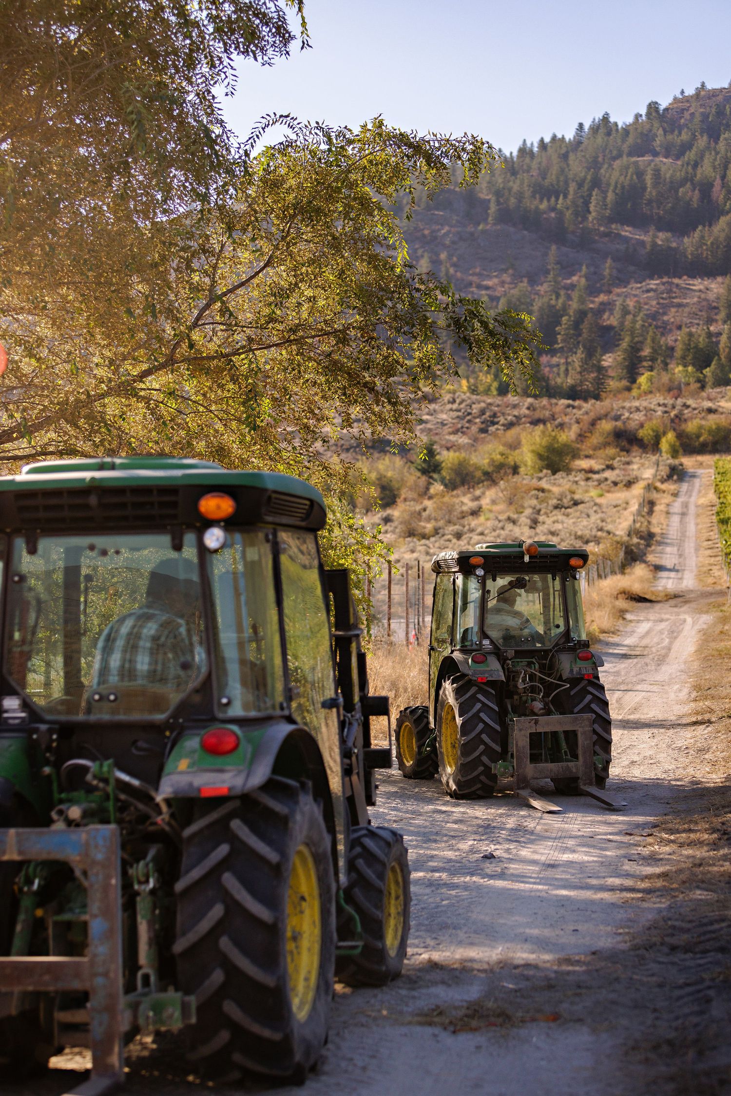 Two John Deere tractors parked on a dirt road with autumn trees and hills in the background.