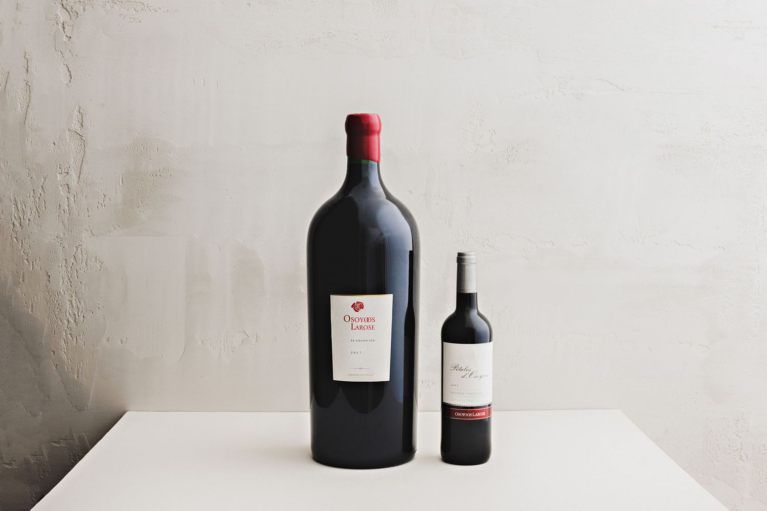 Two wine bottles, one large format and one standard size, displayed on a white surface against a textured wall.