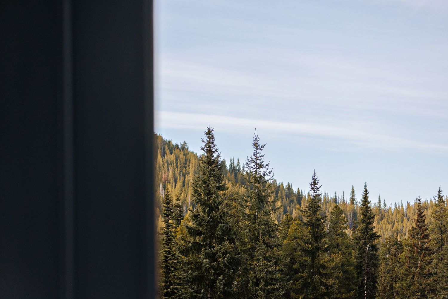 View of evergreen forest and mountainside through window frame against cloudy sky.