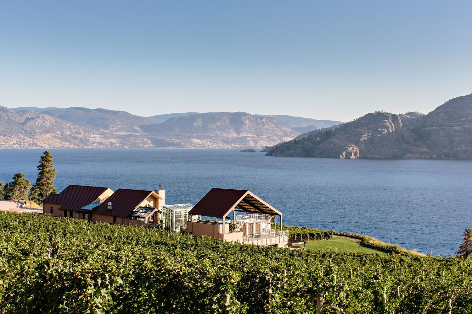 Lakeside vineyards and rustic cabins overlook the serene waters of Okanagan Lake surrounded by mountain ranges.