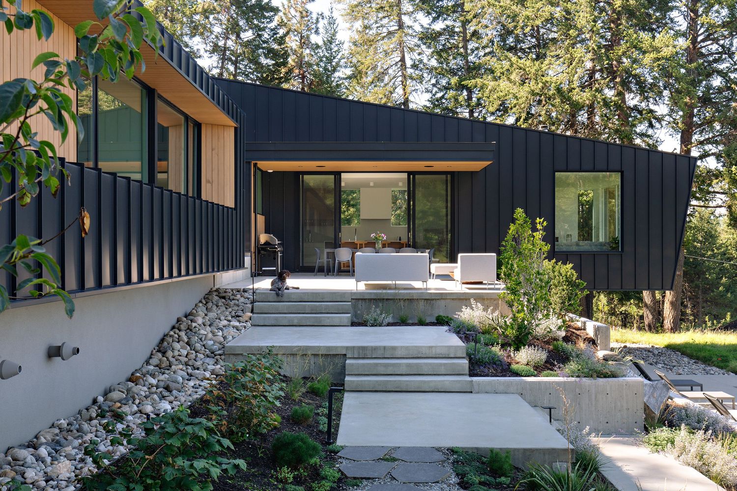 Modern black-clad home featuring geometric steps and drought-resistant landscaping against a forested backdrop.