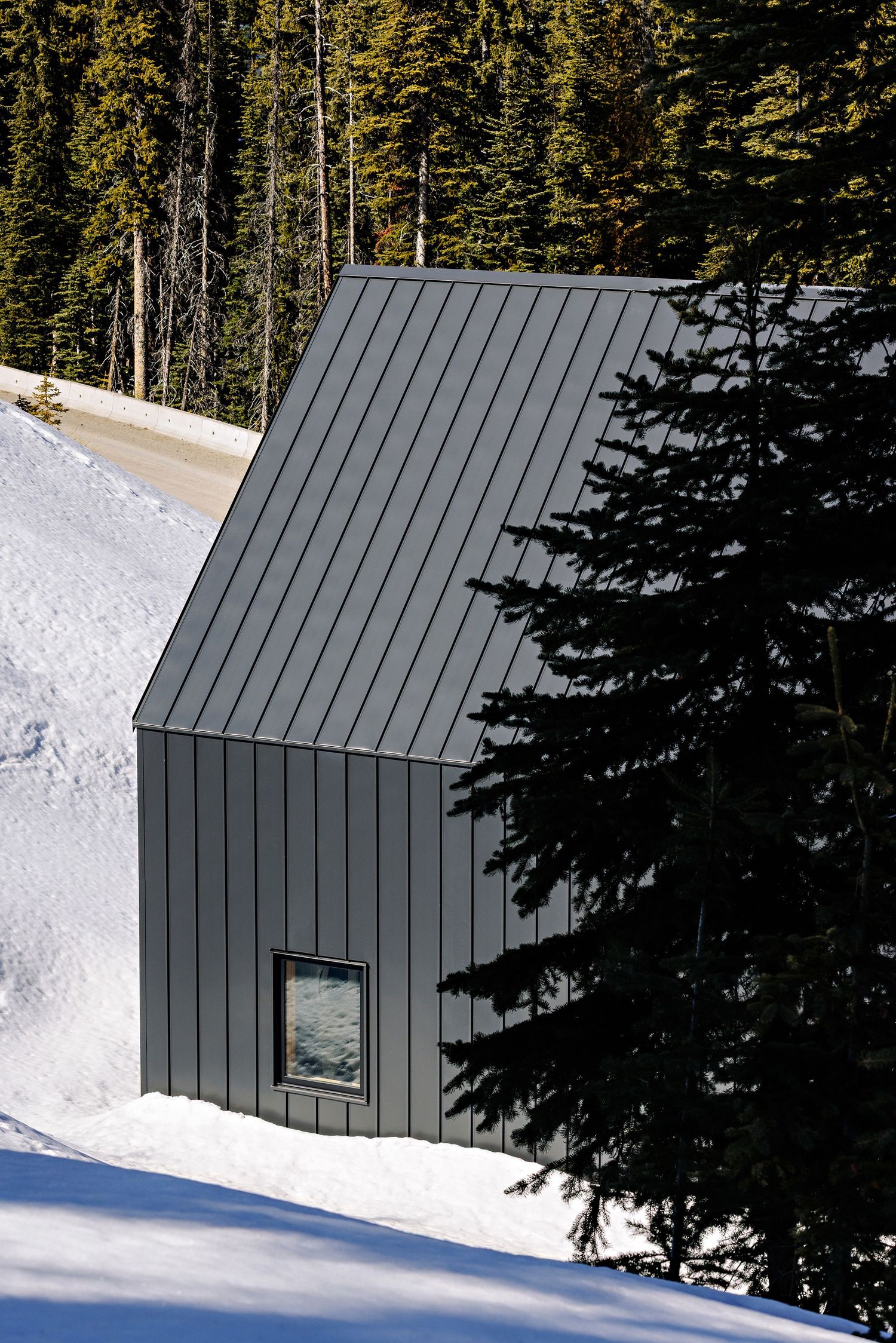 Modern gray metal-clad mountain cabin with a single window nestled among evergreen trees in deep winter snow.