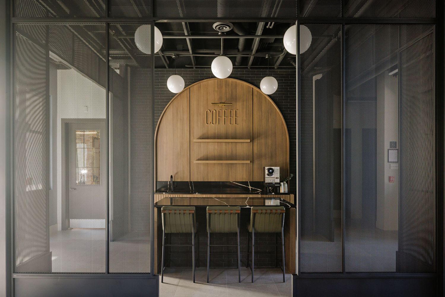 A series of modern hallway interiors with pendant lights and glass walls creating a sleek corporate atmosphere.
