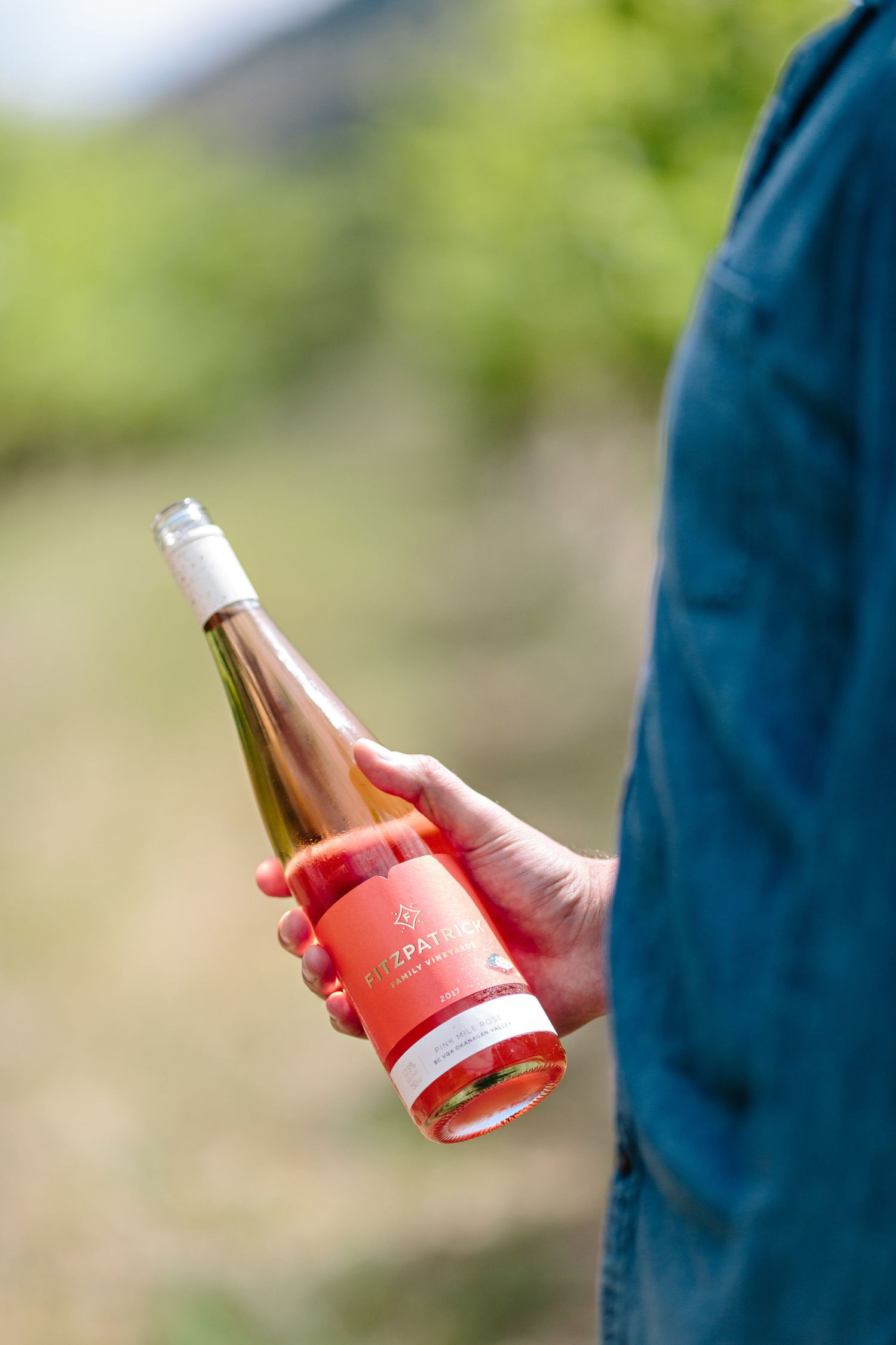 Hand holding a bottle of rose wine against a blurred natural outdoor background.