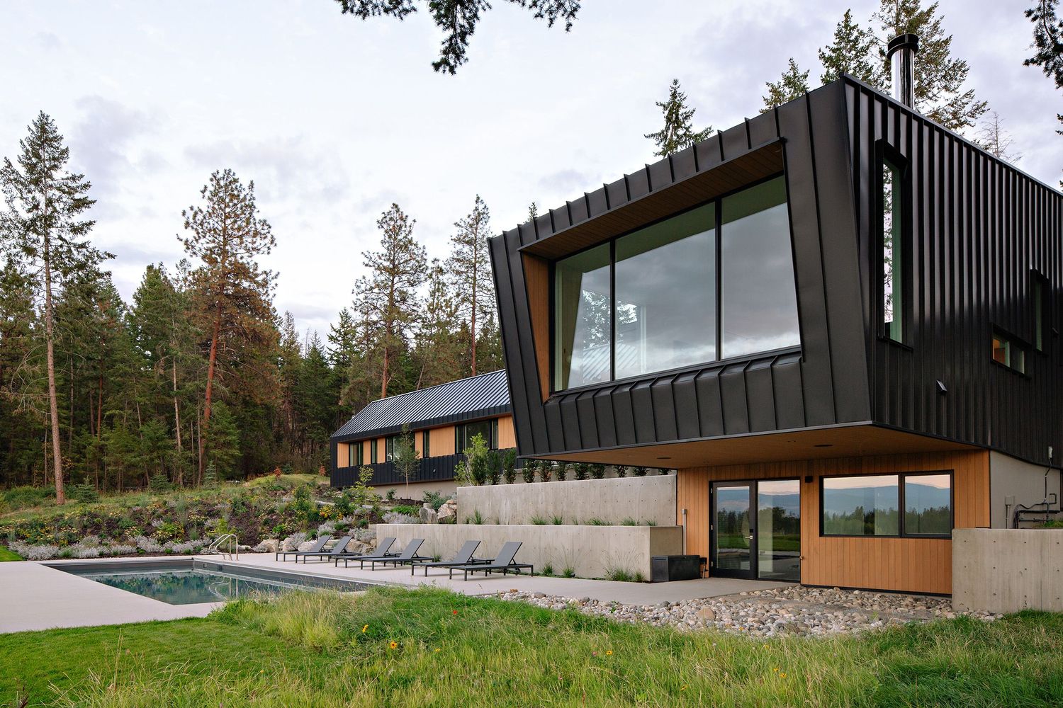 Modern luxury home with black metal cladding and large windows nestled in a forested setting features multi-level design.