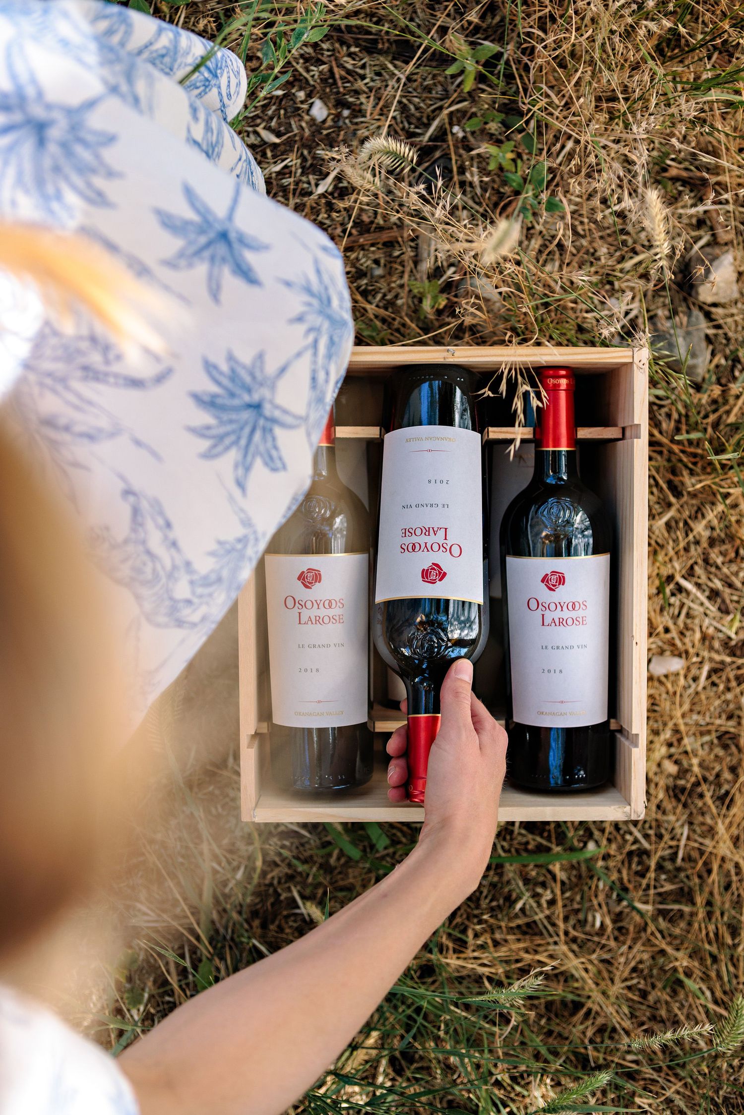 A wooden wine box containing Osoyoos Larose bottles being opened outdoors on grass.