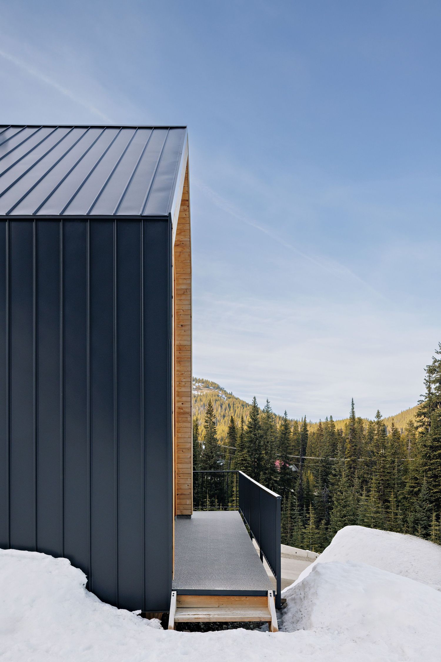 Modern mountain cabin with dark metal siding and wooden accents features a walkway surrounded by snowy landscape and evergreen trees.