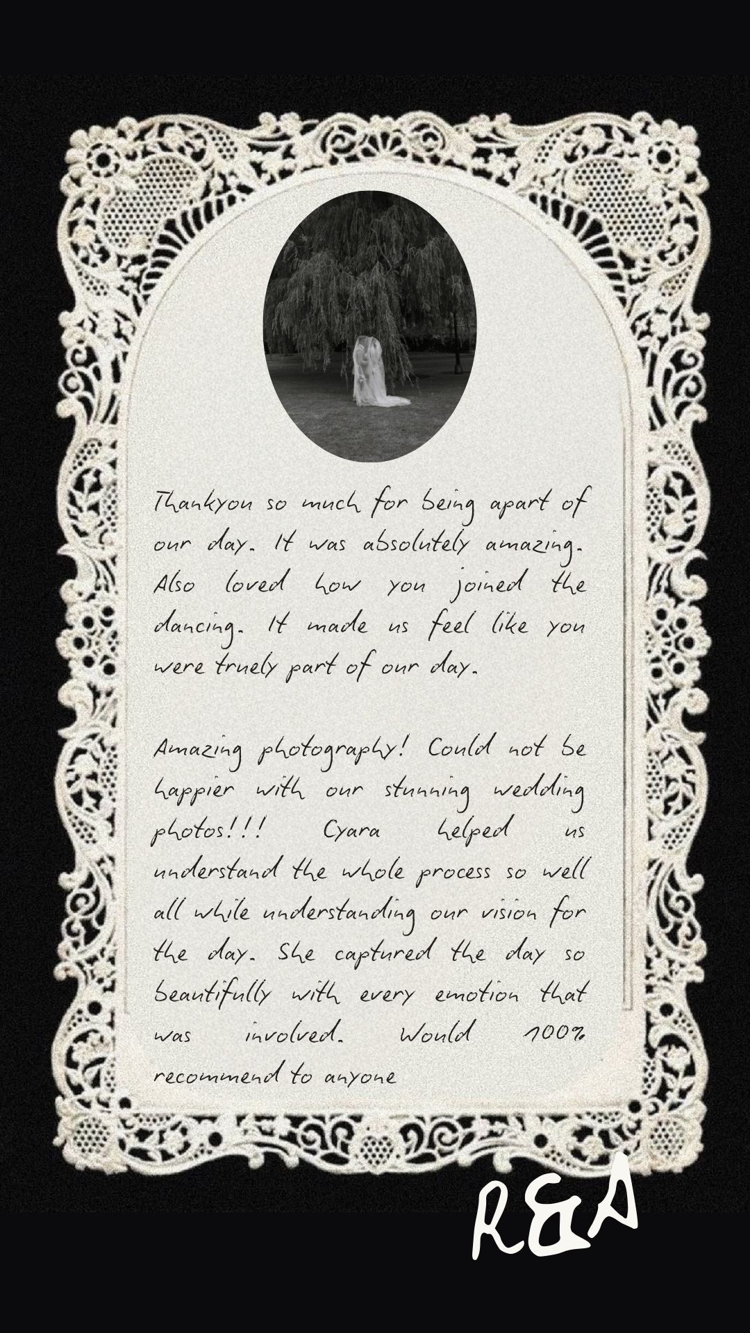 A series of handwritten thank you notes with decorative lace borders arranged against a black background.