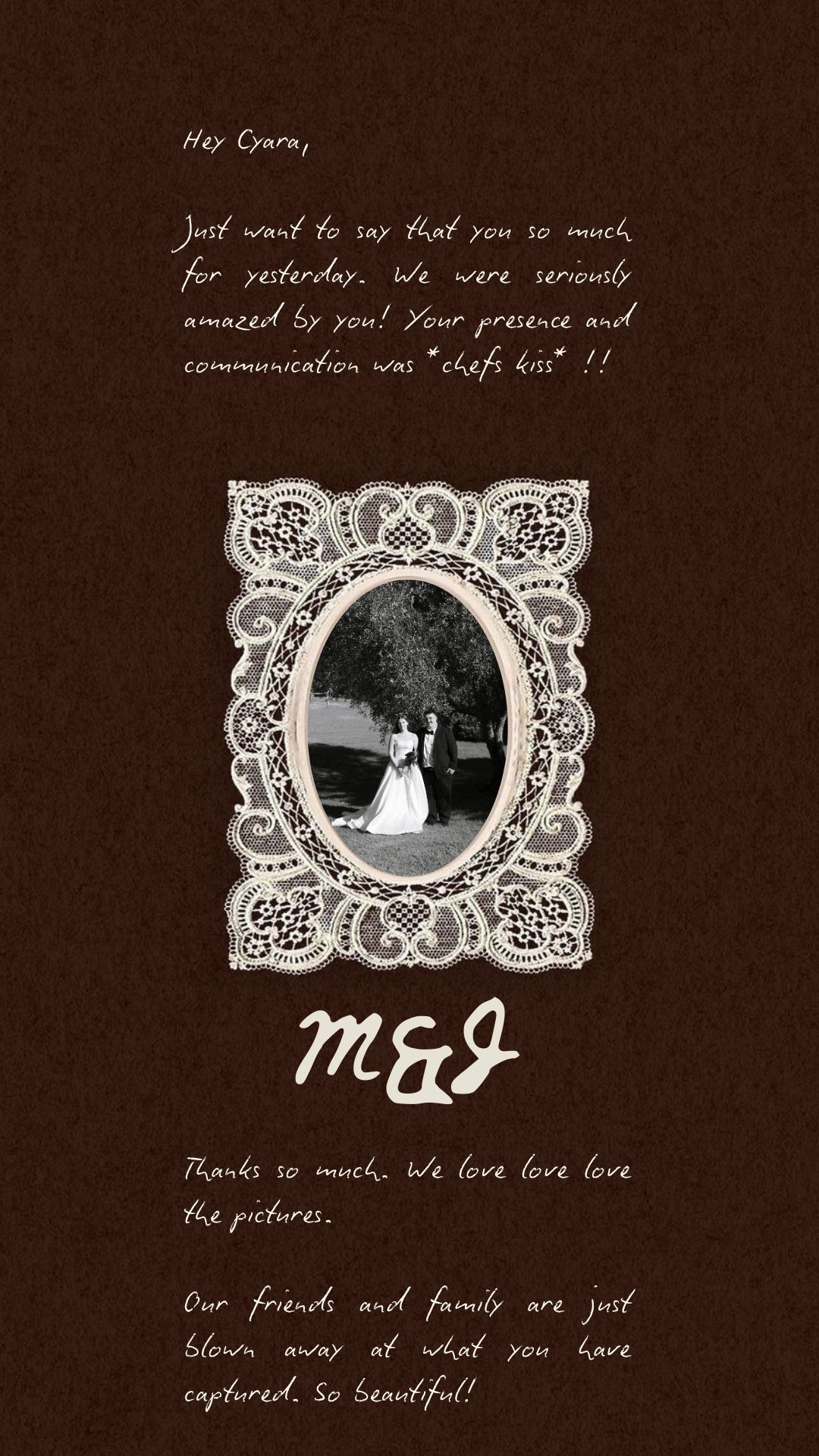 A vintage-style thank you note with an ornate silver frame containing a black and white wedding photograph on brown paper.