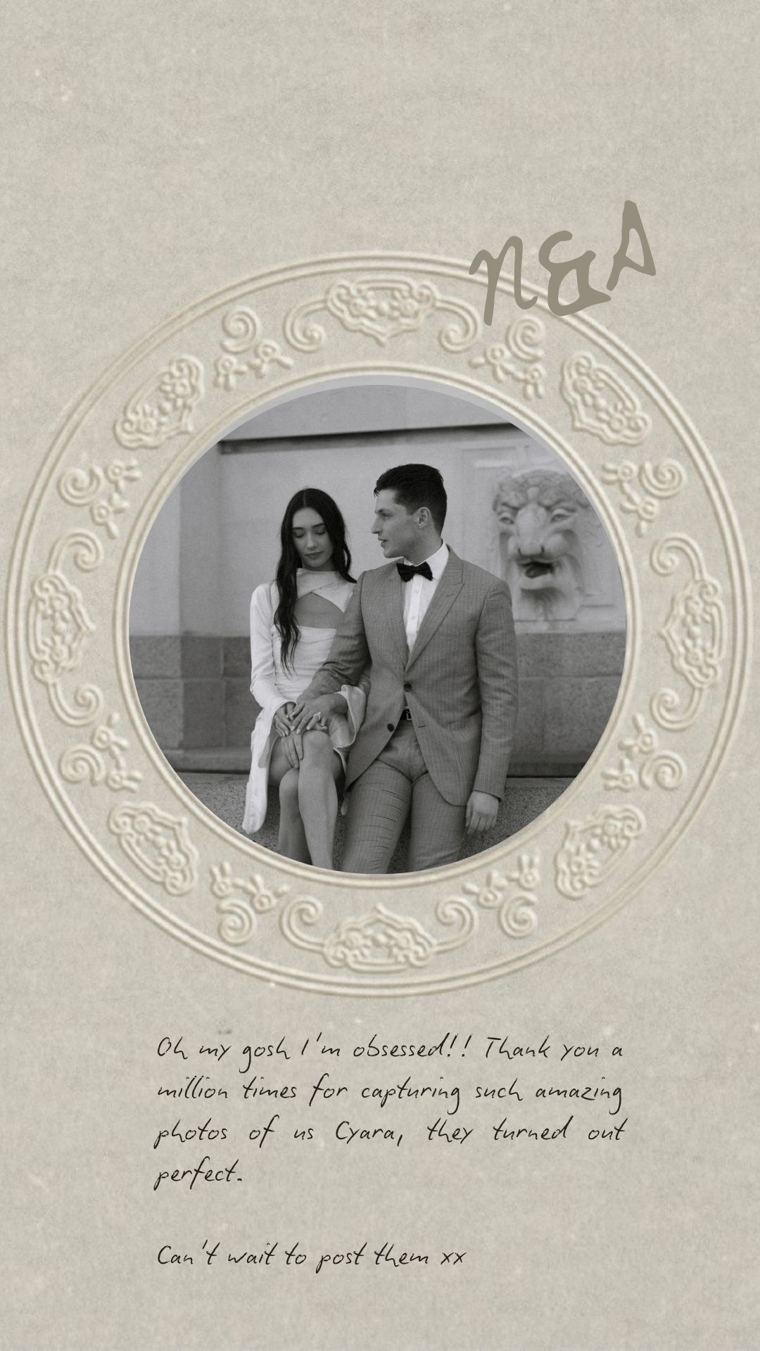 Three vintage-style black and white photographs displayed in decorative oval frames with handwritten text underneath.