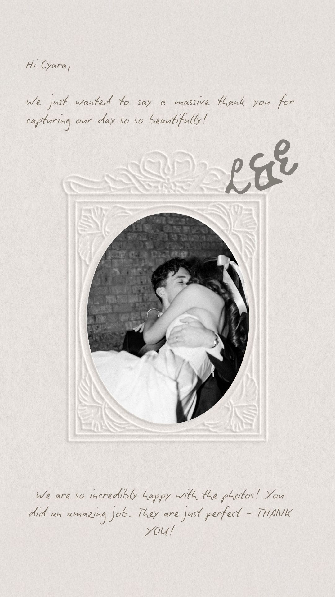 A series of black and white artistic photos displayed in decorative frames with handwritten text above.