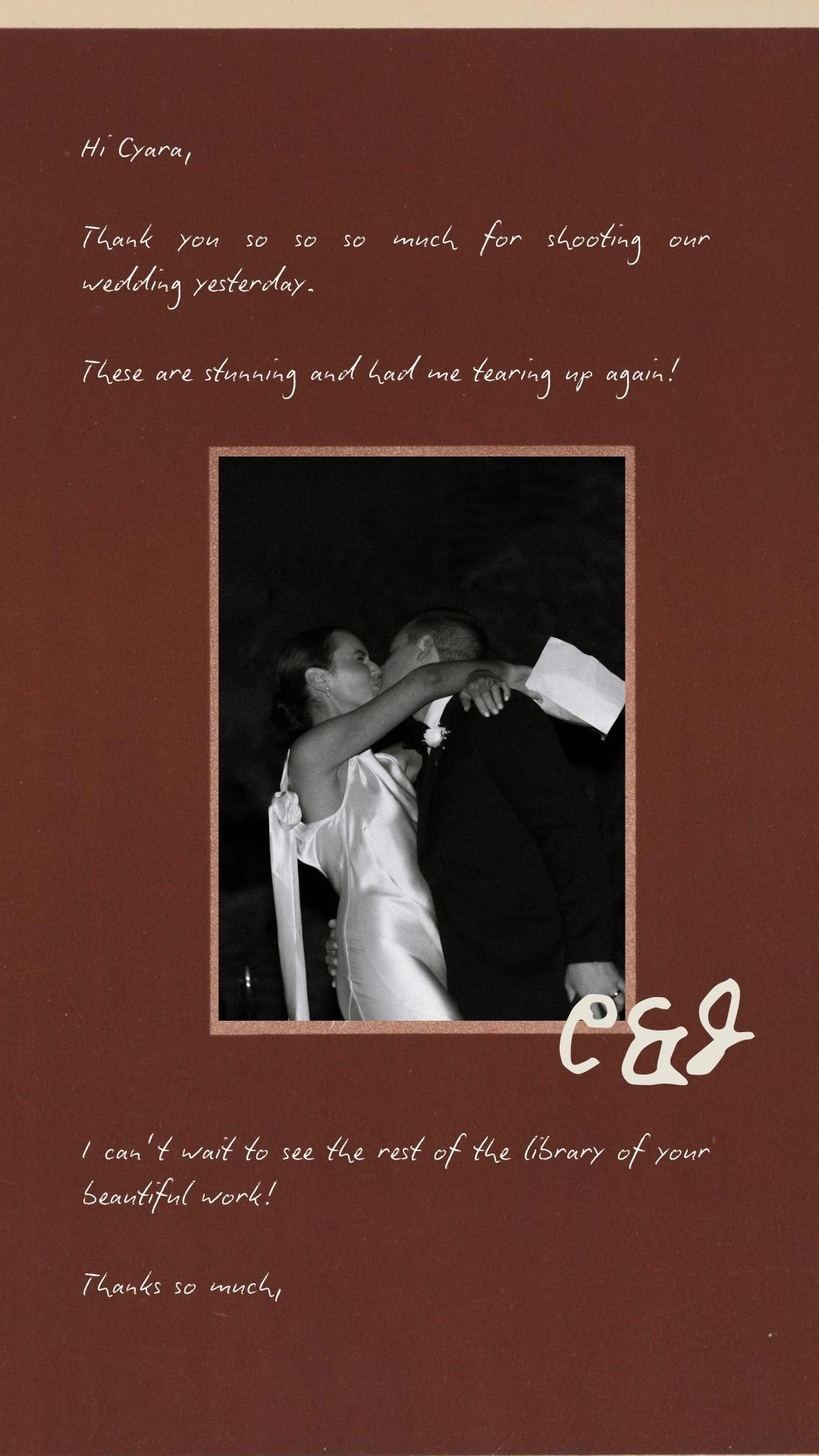 Black and white wedding photographs arranged in a photo album with handwritten text on dark brown pages.