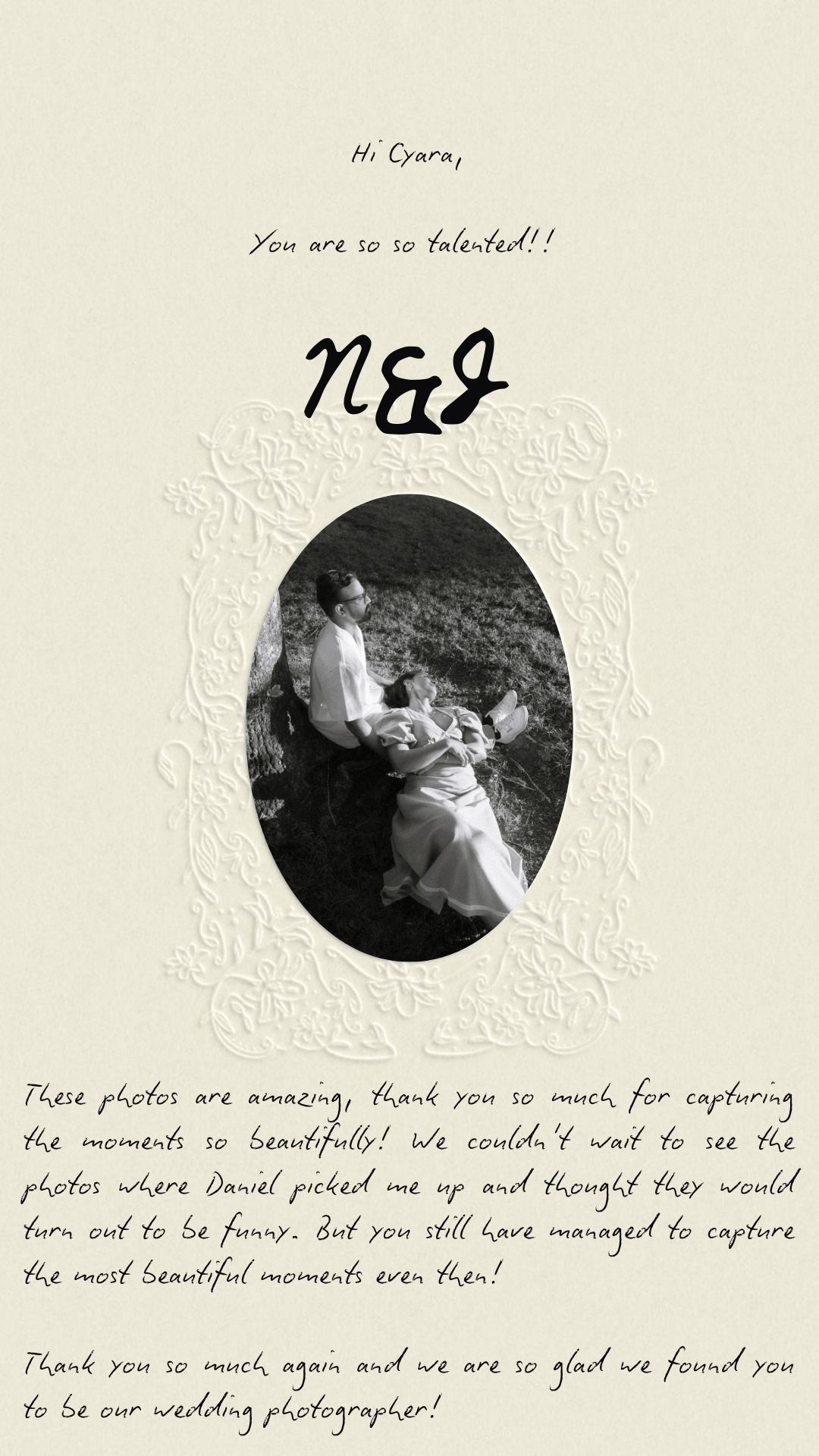 Handwritten thank you note on white textured paper with three small circular black and white photos.