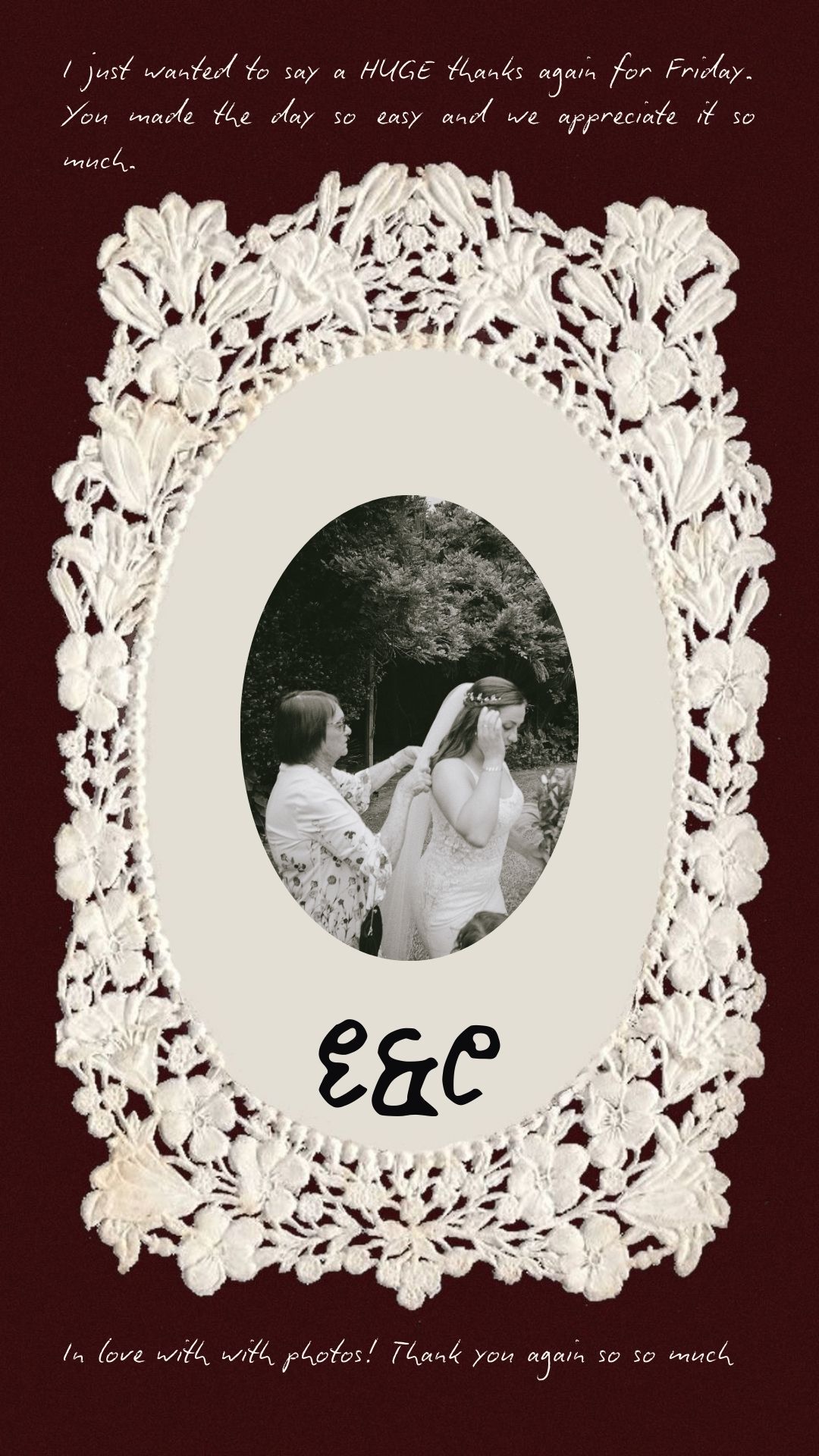 Vintage black and white photographs displayed in ornate white lace-like frames arranged in a collage style layout.