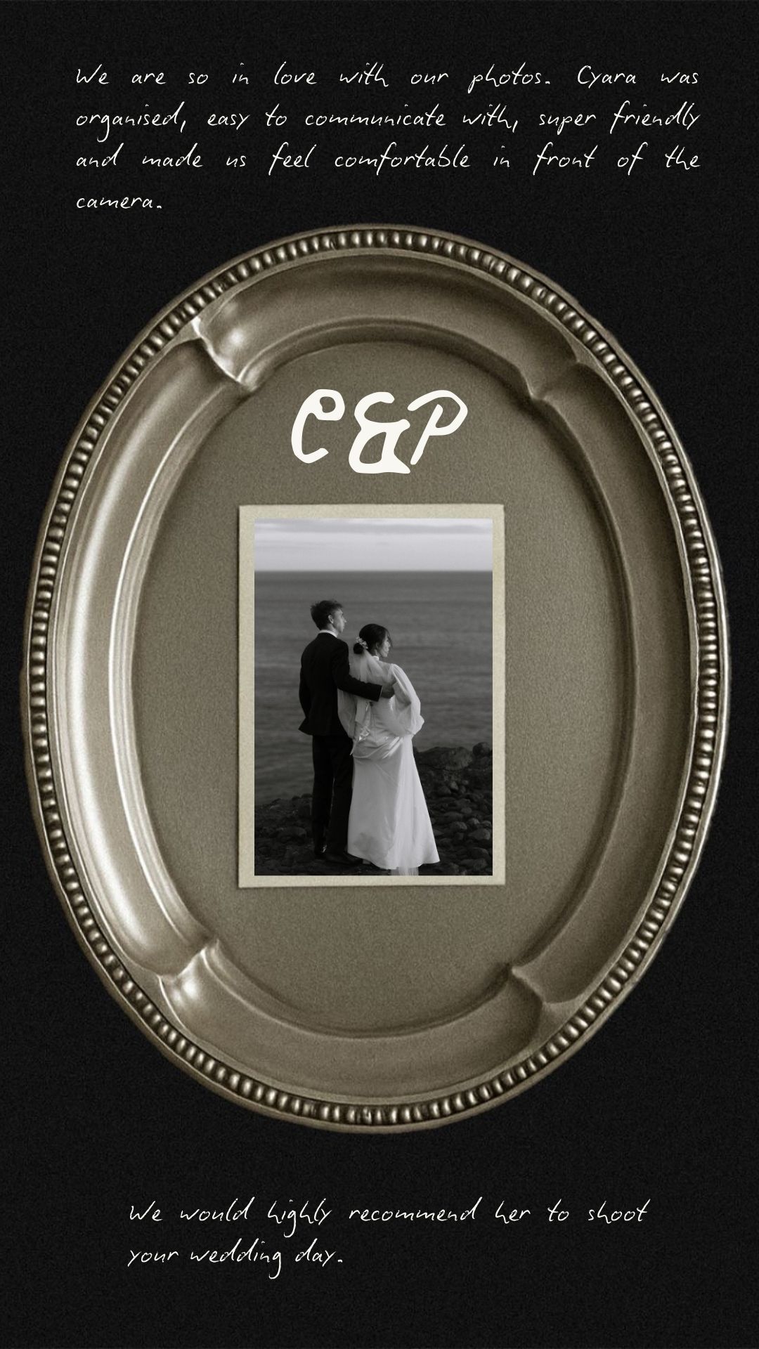 Black and white wedding photos displayed within decorative silver plate frames creating an artistic composition.