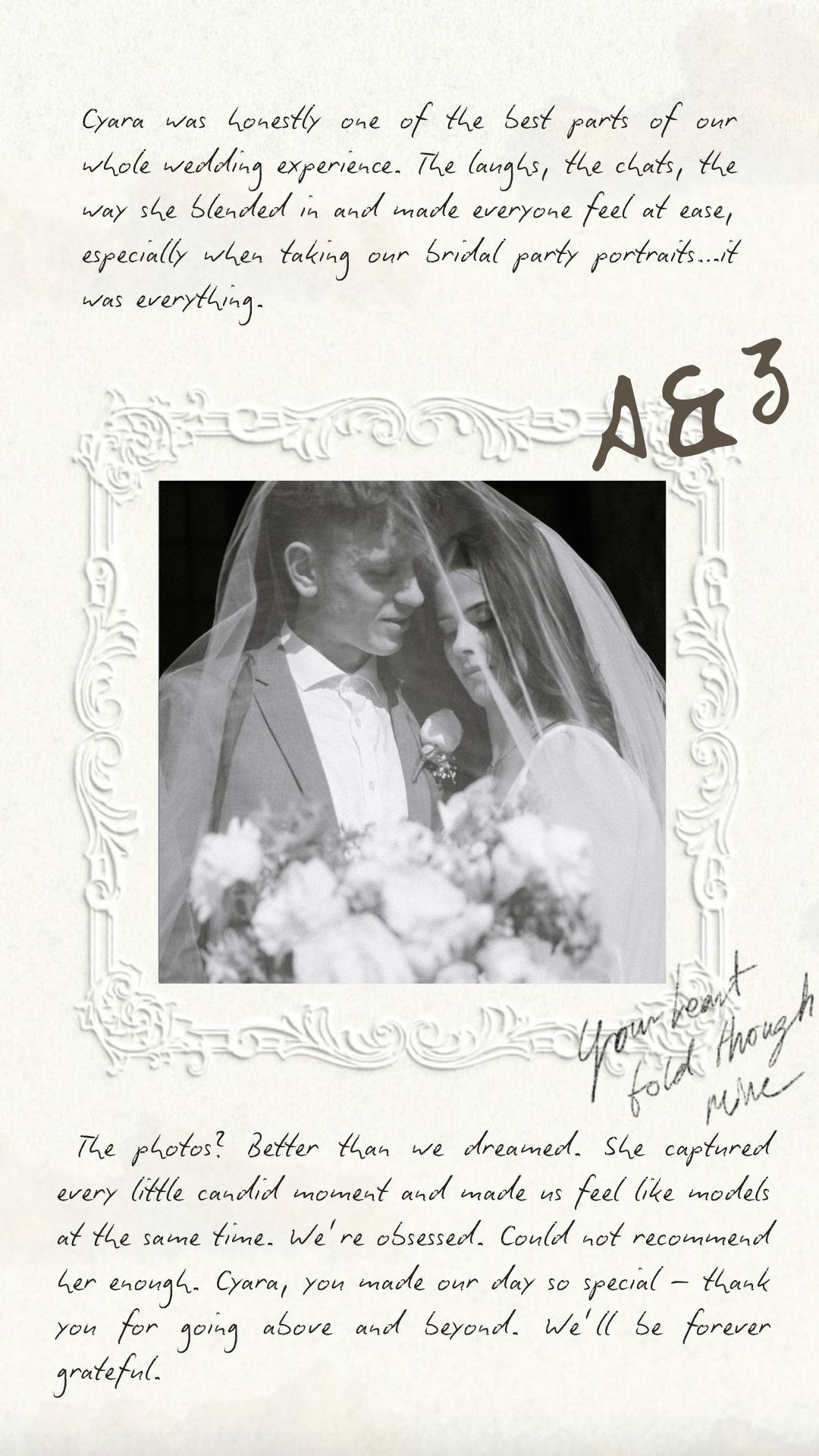 A wedding photo album page with black and white photographs and handwritten text showing special moments from the ceremony.